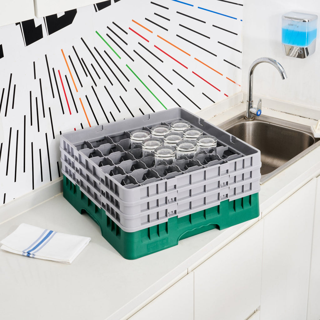 Clean Tek Professional Green Glass Rack - 36 Compartments, 1 Full Drop and 2 Half Drop Extenders - 19 3/4" x 19 3/4" x 8 3/4" - 1 count box