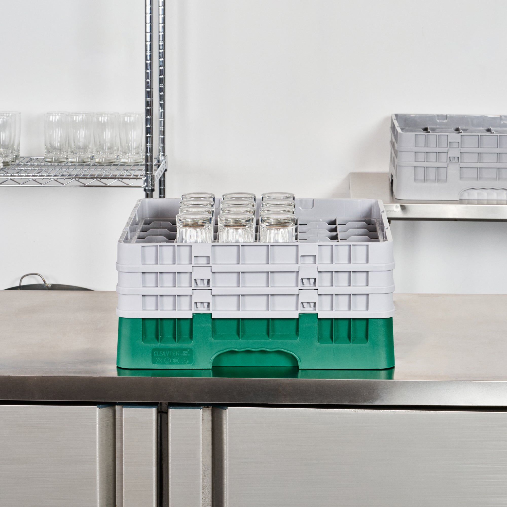 Clean Tek Professional Green Glass Rack - 36 Compartments, 1 Full Drop and 2 Half Drop Extenders - 19 3/4" x 19 3/4" x 8 3/4" - 1 count box