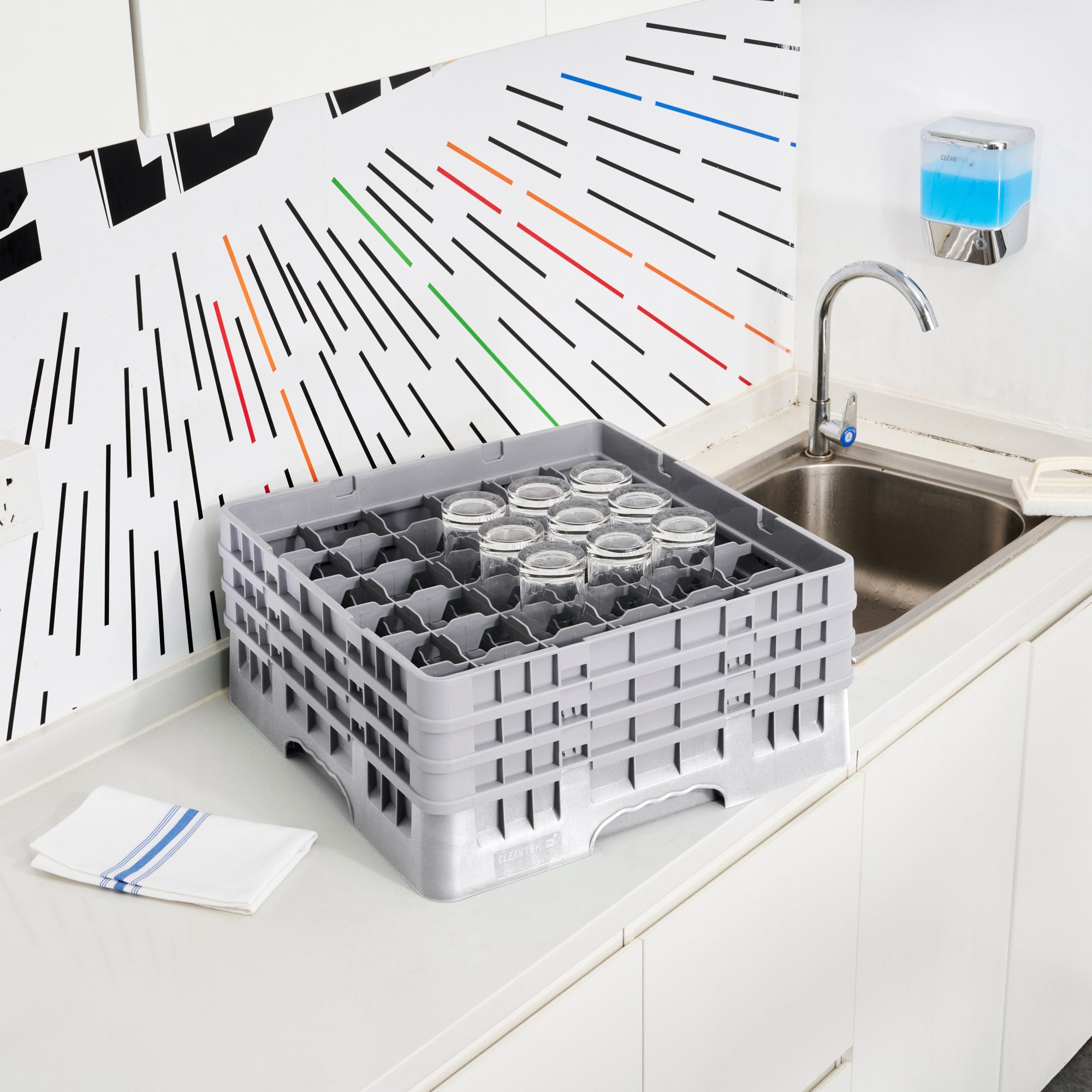 Clean Tek Professional Gray Glass Rack - 36 Compartments, 1 Full Drop and 2 Half Drop Extenders - 19 3/4" x 19 3/4" x 8 3/4" - 1 count box