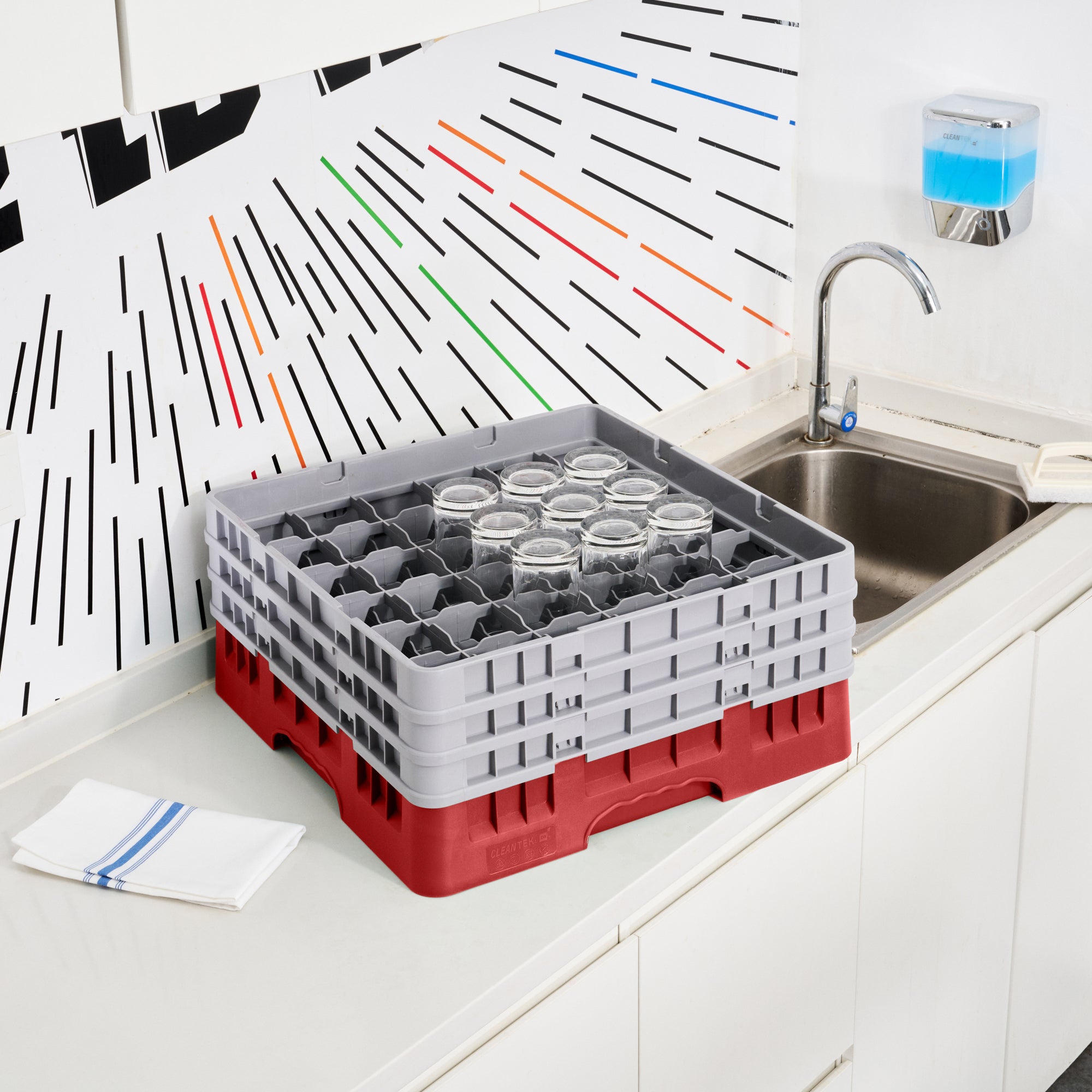 Clean Tek Professional Red Glass Rack - 36 Compartments, 1 Full Drop and 2 Half Drop Extenders - 19 3/4" x 19 3/4" x 8 3/4" - 1 count box
