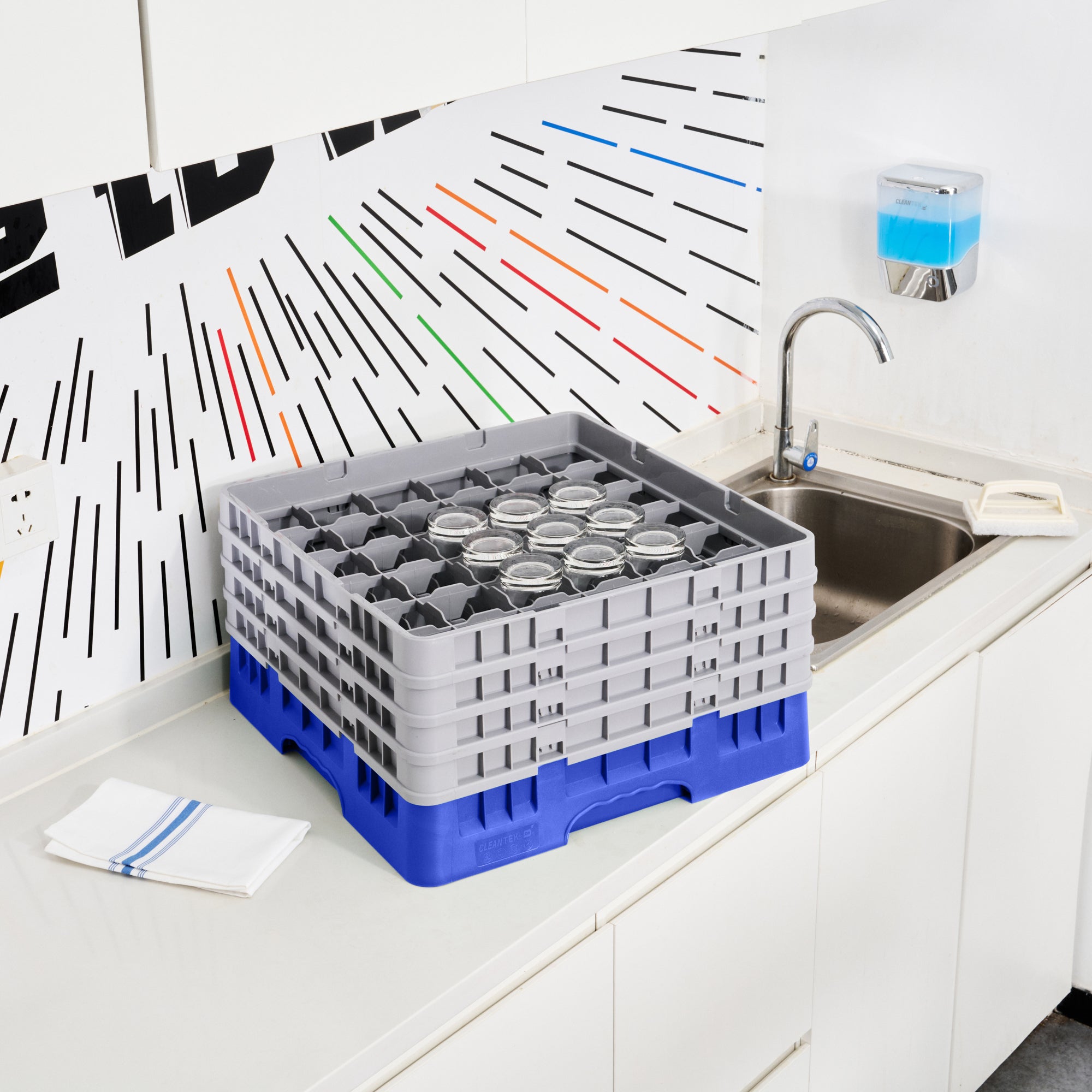 Clean Tek Professional Blue Glass Rack - 36 Compartments, 1 Full Drop and 3 Half Drop Extenders - 19 3/4" x 19 3/4" x 10 1/2" - 1 count box