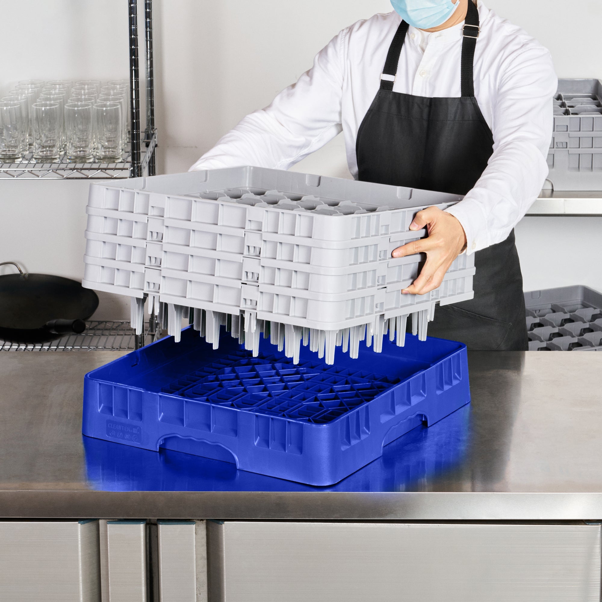 Clean Tek Professional Blue Glass Rack - 36 Compartments, 1 Full Drop and 3 Half Drop Extenders - 19 3/4" x 19 3/4" x 10 1/2" - 1 count box