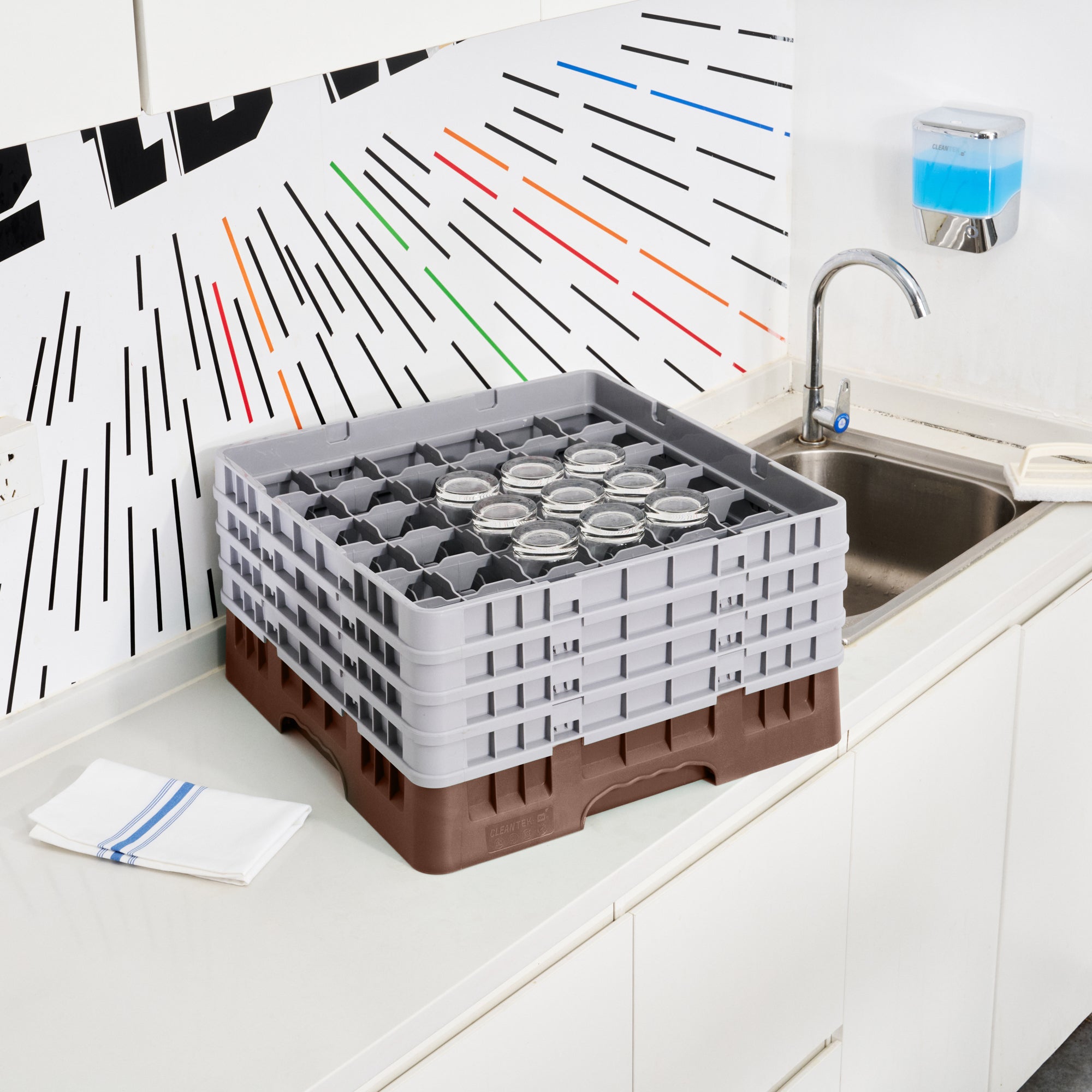 Clean Tek Professional Brown Glass Rack - 36 Compartments, 1 Full Drop and 3 Half Drop Extenders - 19 3/4" x 19 3/4" x 10 1/2" - 1 count box