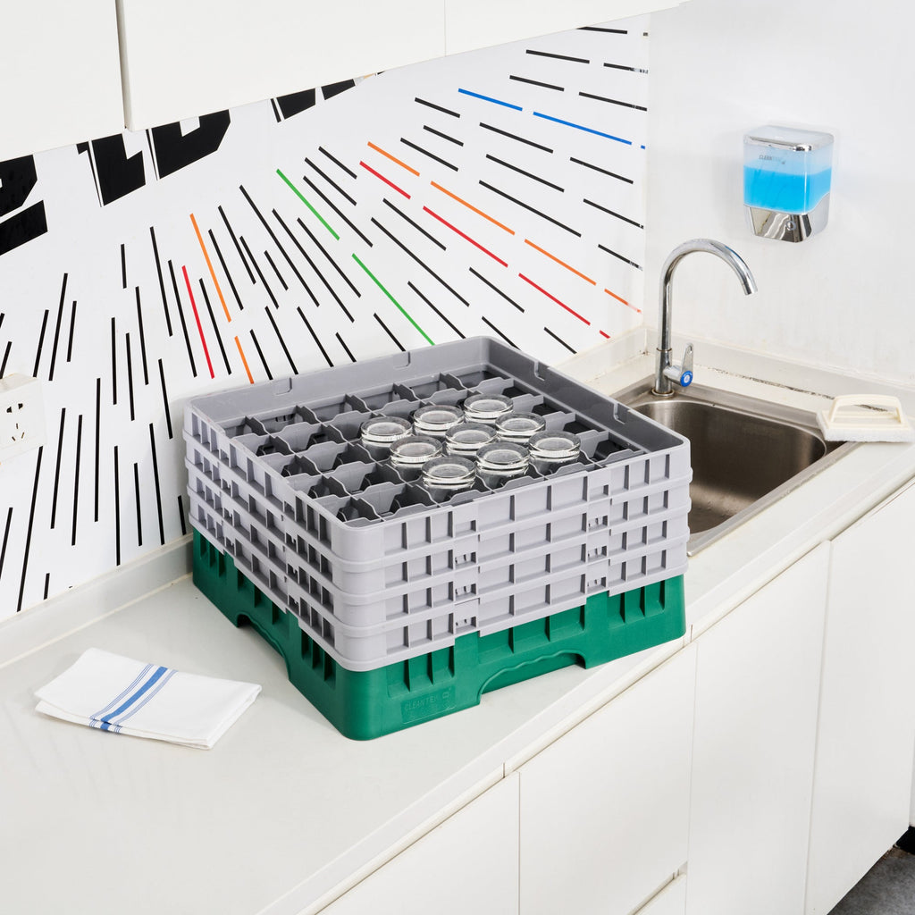 Clean Tek Professional Green Glass Rack - 36 Compartments, 1 Full Drop and 3 Half Drop Extenders - 19 3/4" x 19 3/4" x 10 1/2" - 1 count box