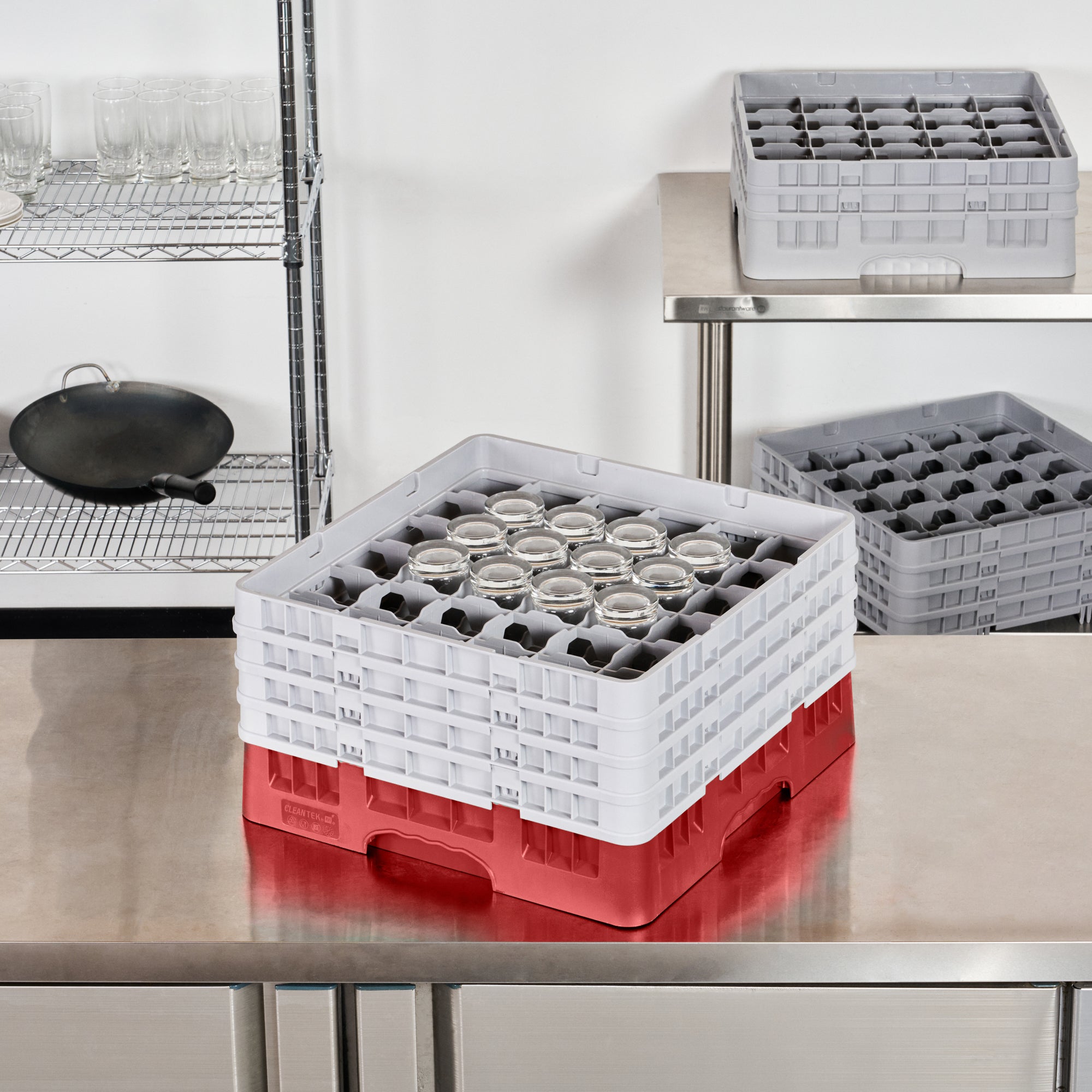 Clean Tek Professional Red Glass Rack - 36 Compartments, 1 Full Drop and 3 Half Drop Extenders - 19 3/4" x 19 3/4" x 10 1/2" - 1 count box