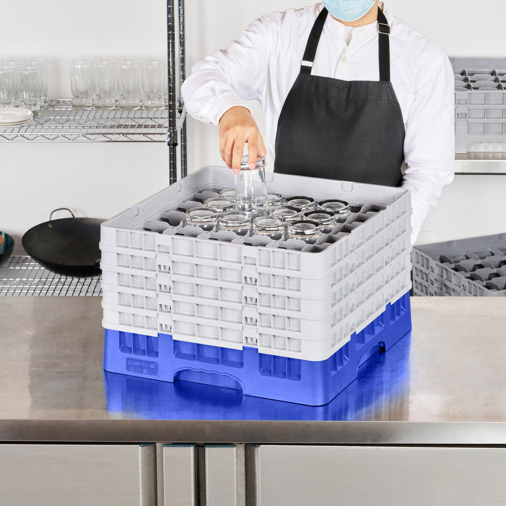Clean Tek Professional Blue Glass Rack - 36 Compartments, 1 Full Drop and 4 Half Drop Extenders - 19 3/4" x 19 3/4" x 12 1/4" - 1 count box