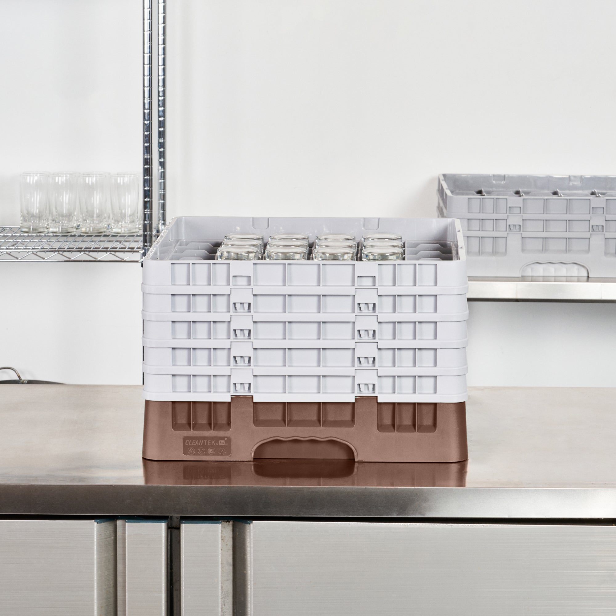 Clean Tek Professional Brown Glass Rack - 36 Compartments, 1 Full Drop and 4 Half Drop Extenders - 19 3/4" x 19 3/4" x 12 1/4" - 1 count box