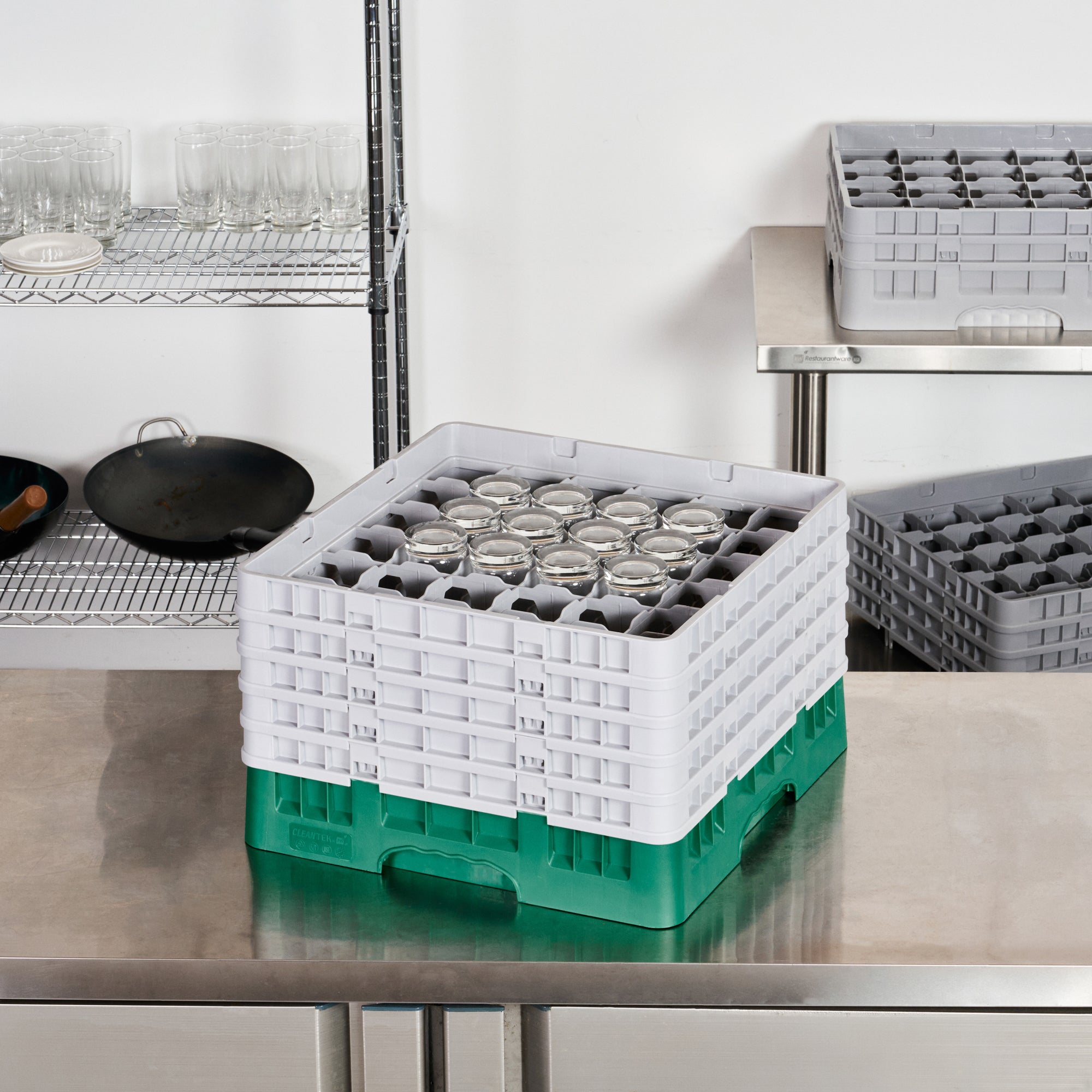 Clean Tek Professional Green Glass Rack - 36 Compartments, 1 Full Drop and 4 Half Drop Extenders - 19 3/4" x 19 3/4" x 12 1/4" - 1 count box