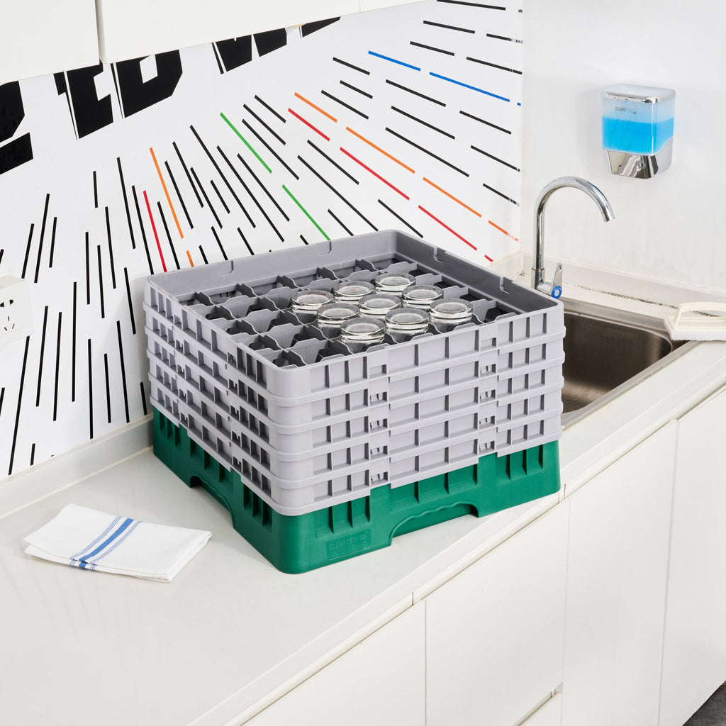 Clean Tek Professional Green Glass Rack - 36 Compartments, 1 Full Drop and 4 Half Drop Extenders - 19 3/4" x 19 3/4" x 12 1/4" - 1 count box