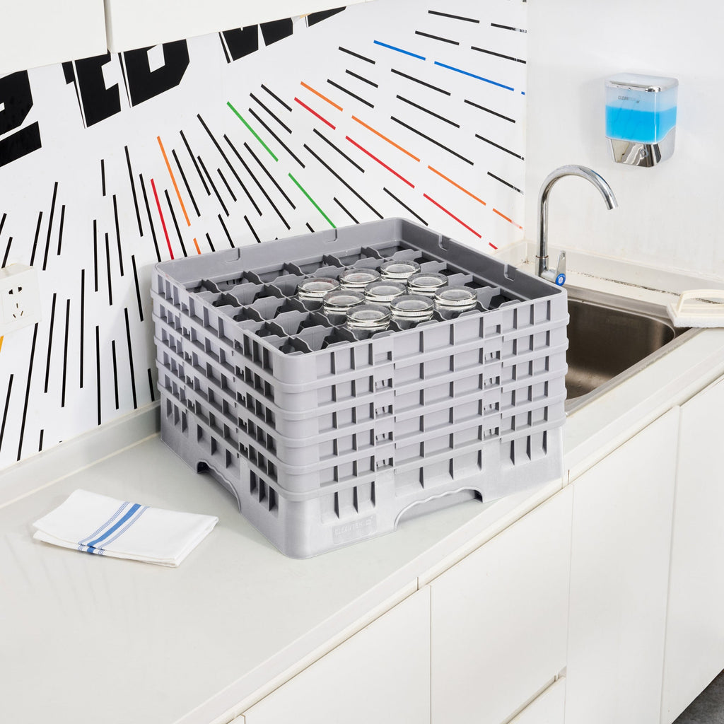 Clean Tek Professional Gray Glass Rack - 36 Compartments, 1 Full Drop and 4 Half Drop Extenders - 19 3/4" x 19 3/4" x 12 1/4" - 1 count box