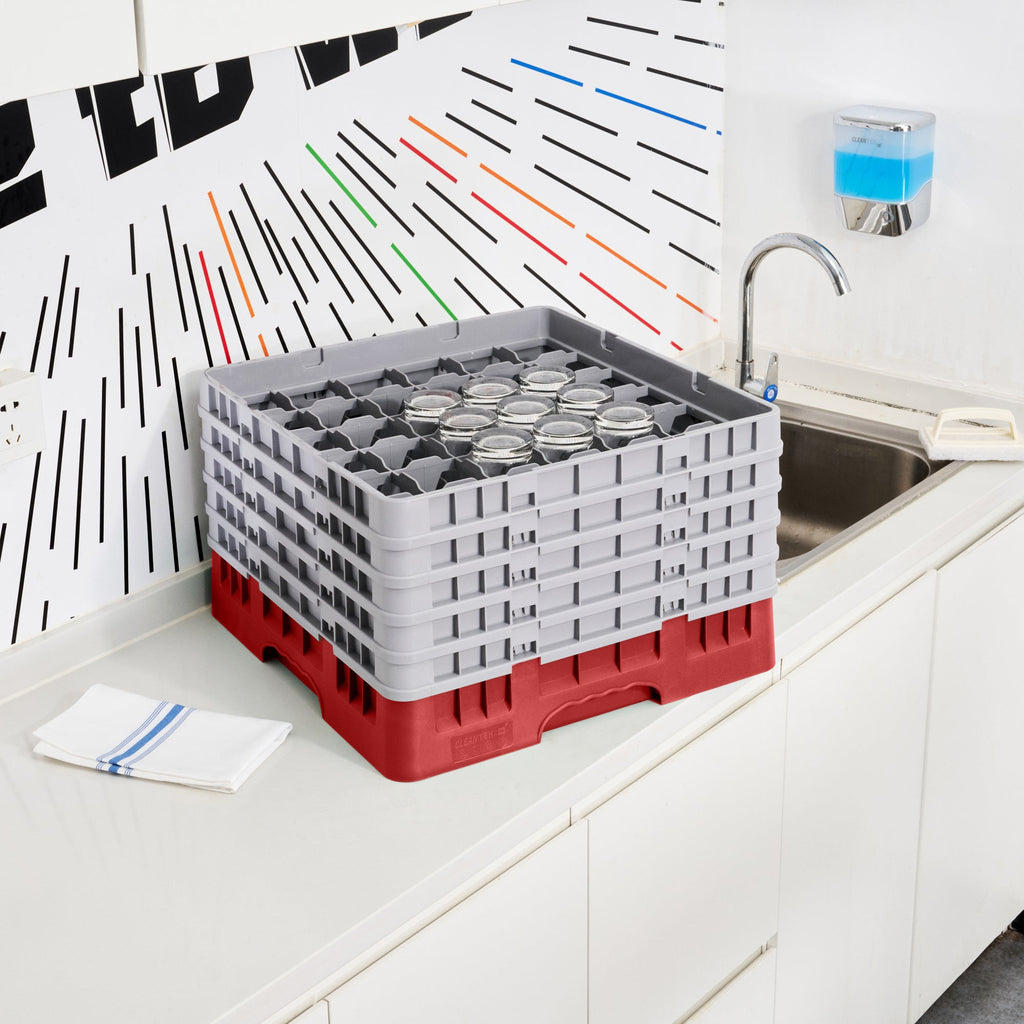 Clean Tek Professional Red Glass Rack - 36 Compartments, 1 Full Drop and 4 Half Drop Extenders - 19 3/4" x 19 3/4" x 12 1/4" - 1 count box
