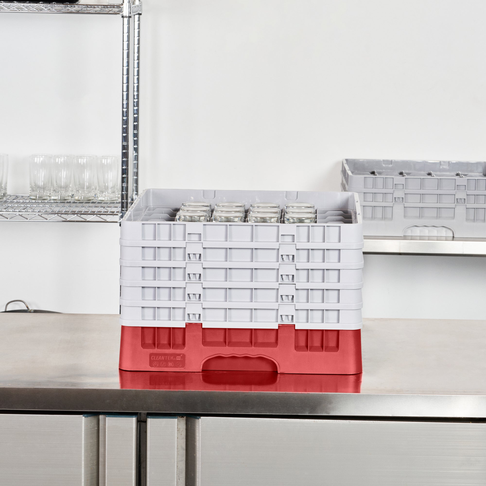 Clean Tek Professional Red Glass Rack - 36 Compartments, 1 Full Drop and 4 Half Drop Extenders - 19 3/4" x 19 3/4" x 12 1/4" - 1 count box