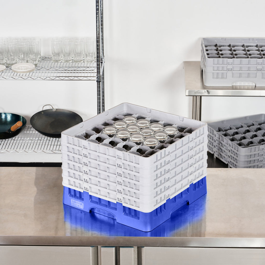 Clean Tek Professional Blue Glass Rack - 36 Compartments, 1 Full Drop and 5 Half Drop Extenders - 19 3/4" x 19 3/4" x 13 3/4" - 1 count box