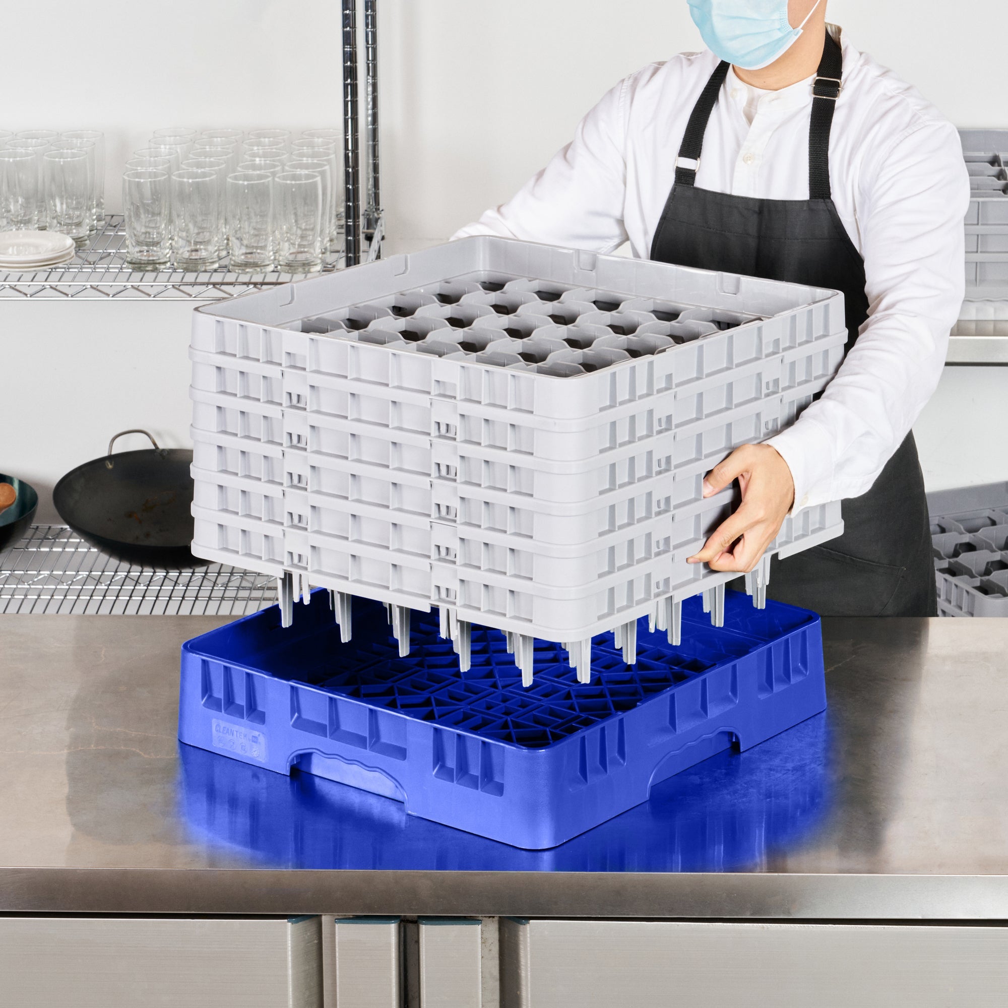 Clean Tek Professional Blue Glass Rack - 36 Compartments, 1 Full Drop and 5 Half Drop Extenders - 19 3/4" x 19 3/4" x 13 3/4" - 1 count box