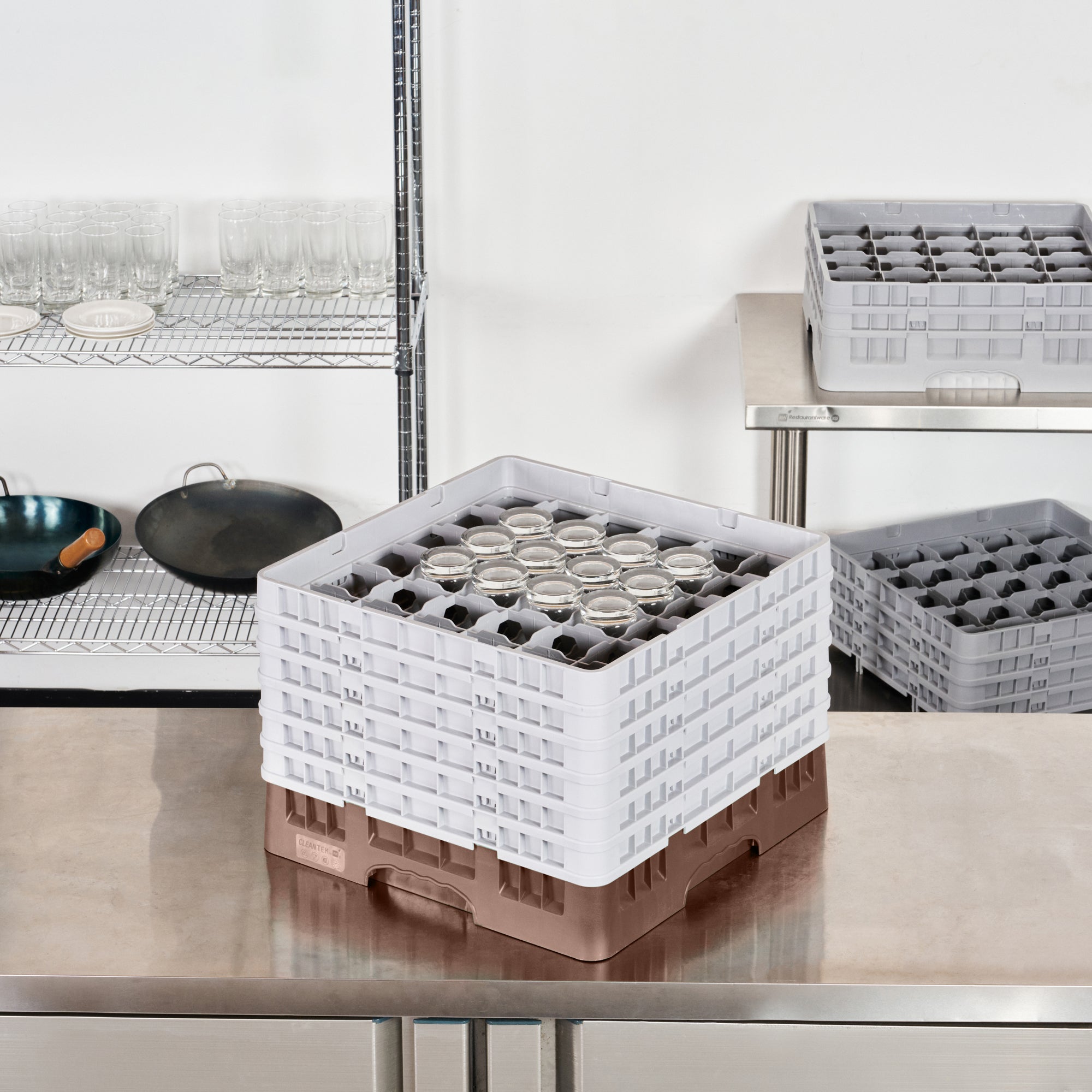 Clean Tek Professional Brown Glass Rack - 36 Compartments, 1 Full Drop and 5 Half Drop Extenders - 19 3/4" x 19 3/4" x 13 3/4" - 1 count box