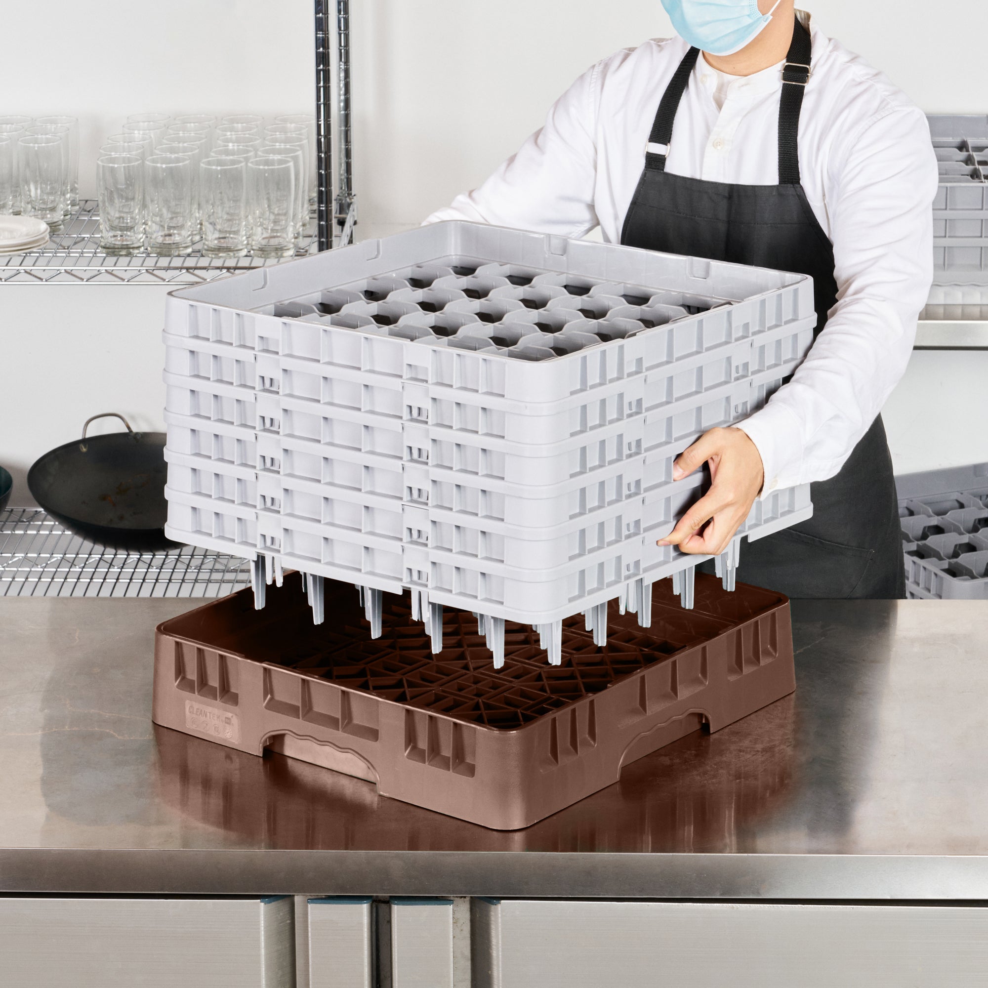 Clean Tek Professional Brown Glass Rack - 36 Compartments, 1 Full Drop and 5 Half Drop Extenders - 19 3/4" x 19 3/4" x 13 3/4" - 1 count box