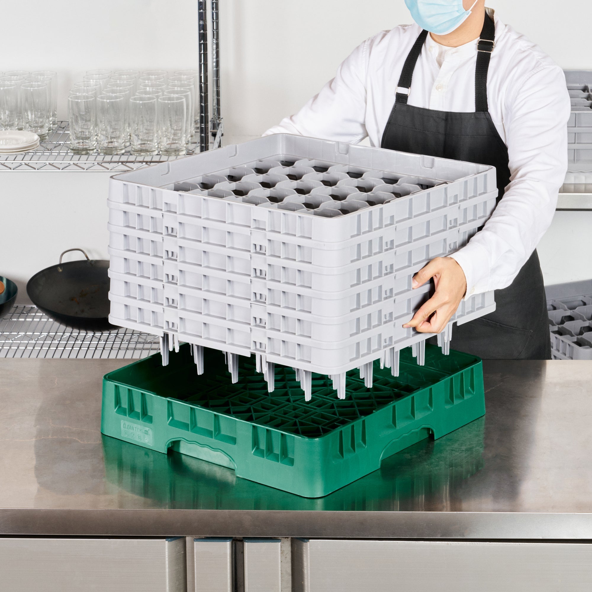 Clean Tek Professional Green Glass Rack - 36 Compartments, 1 Full Drop and 5 Half Drop Extenders - 19 3/4" x 19 3/4" x 13 3/4" - 1 count box