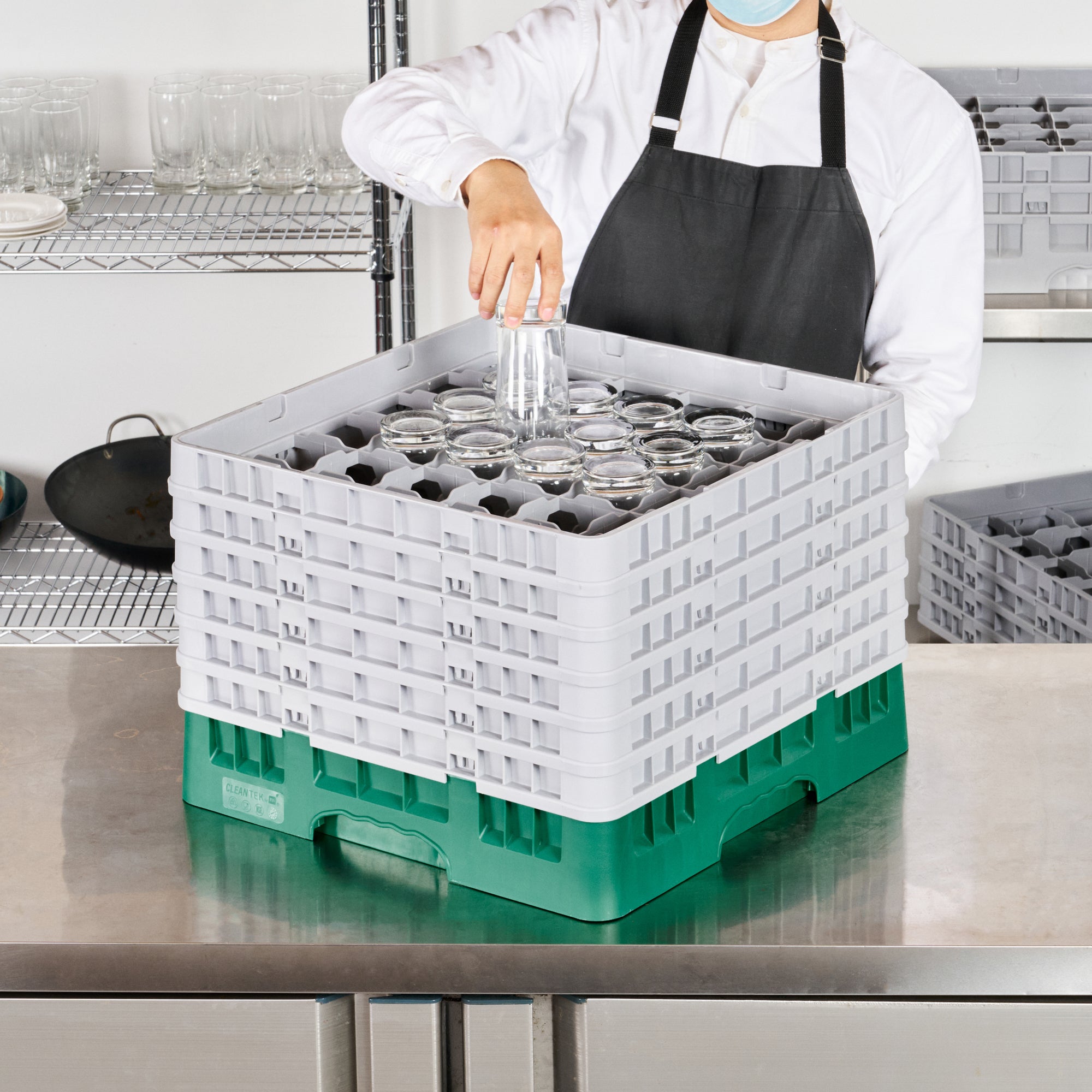 Clean Tek Professional Green Glass Rack - 36 Compartments, 1 Full Drop and 5 Half Drop Extenders - 19 3/4" x 19 3/4" x 13 3/4" - 1 count box