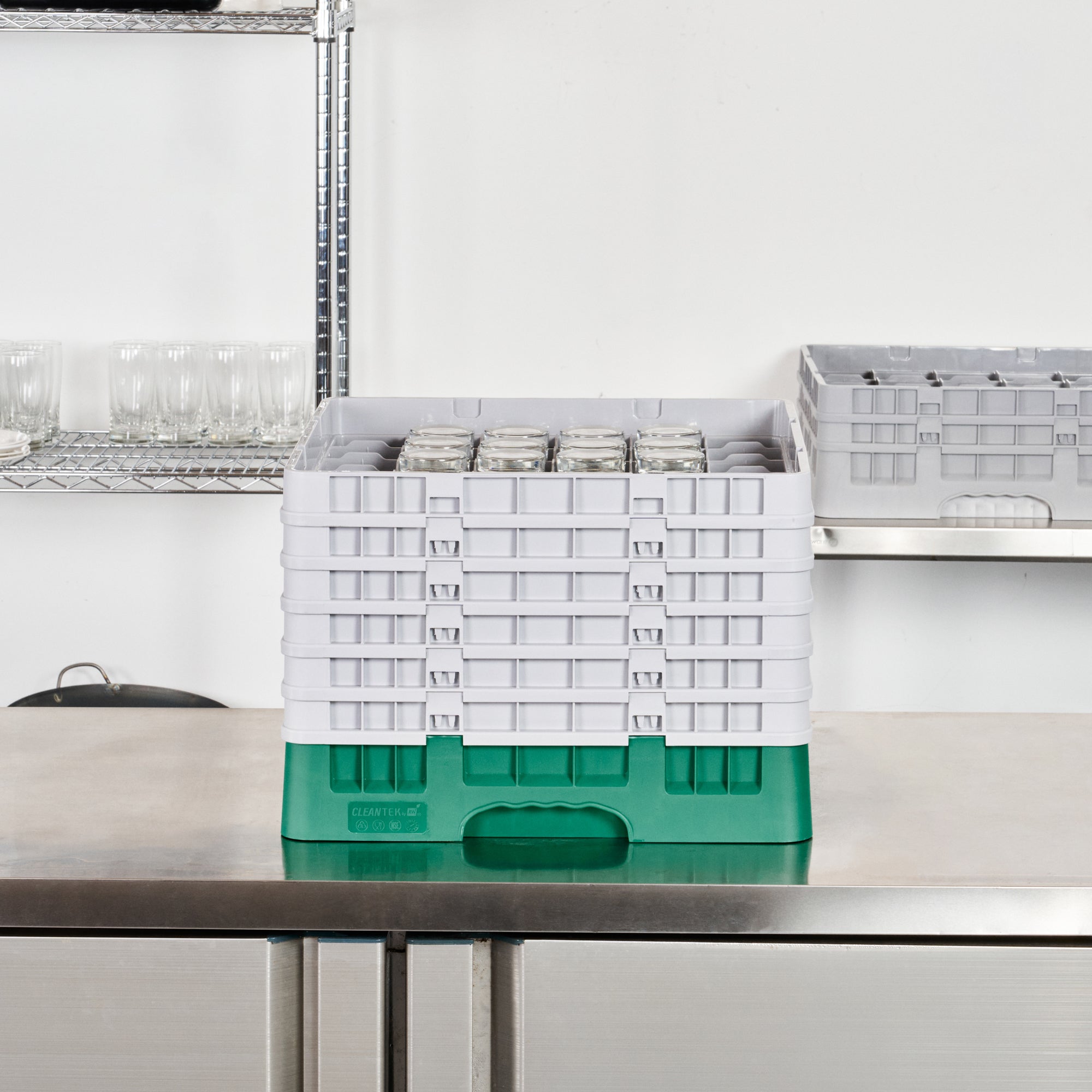 Clean Tek Professional Green Glass Rack - 36 Compartments, 1 Full Drop and 5 Half Drop Extenders - 19 3/4" x 19 3/4" x 13 3/4" - 1 count box