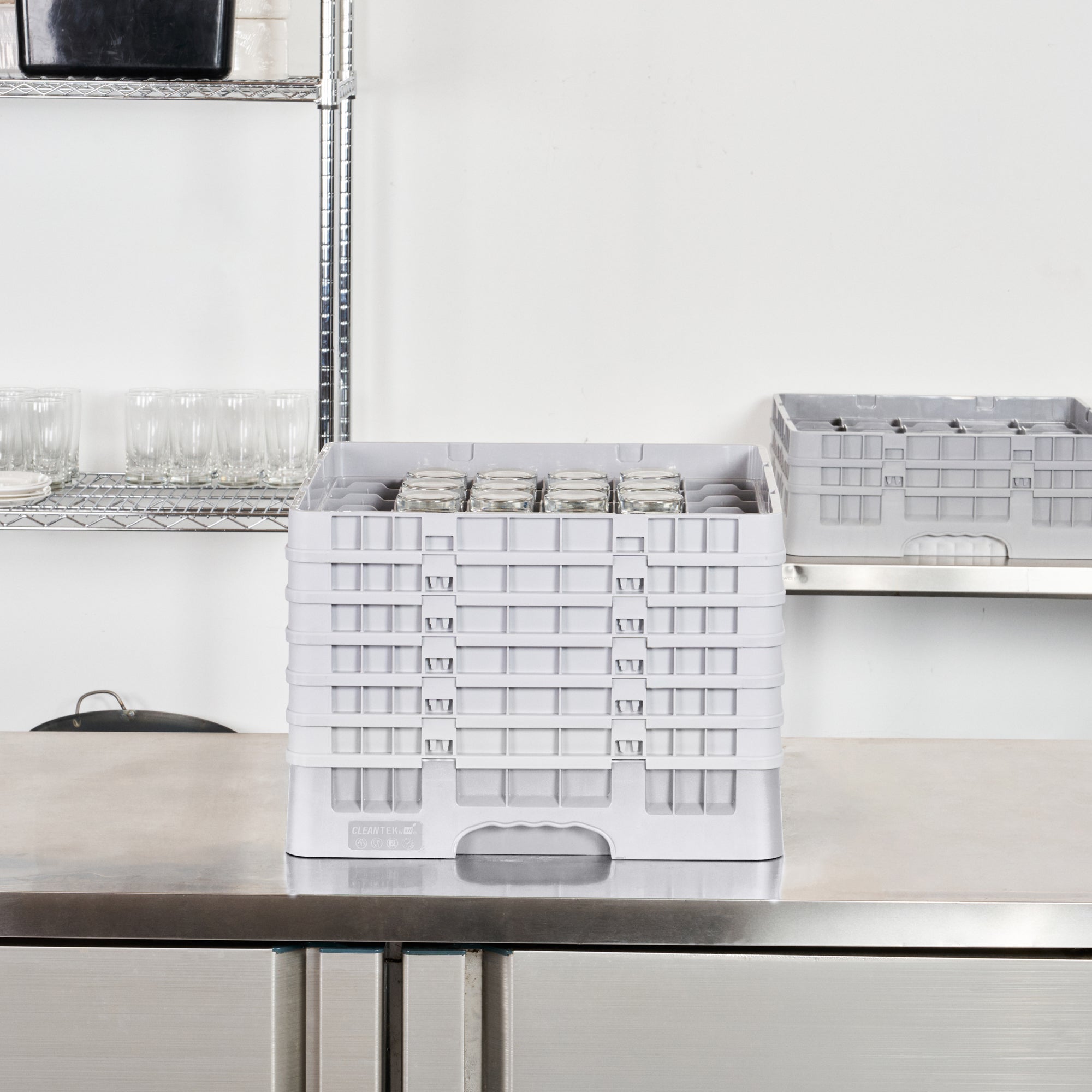 Clean Tek Professional Gray Glass Rack - 36 Compartments, 1 Full Drop and 5 Half Drop Extenders - 19 3/4" x 19 3/4" x 13 3/4" - 1 count box