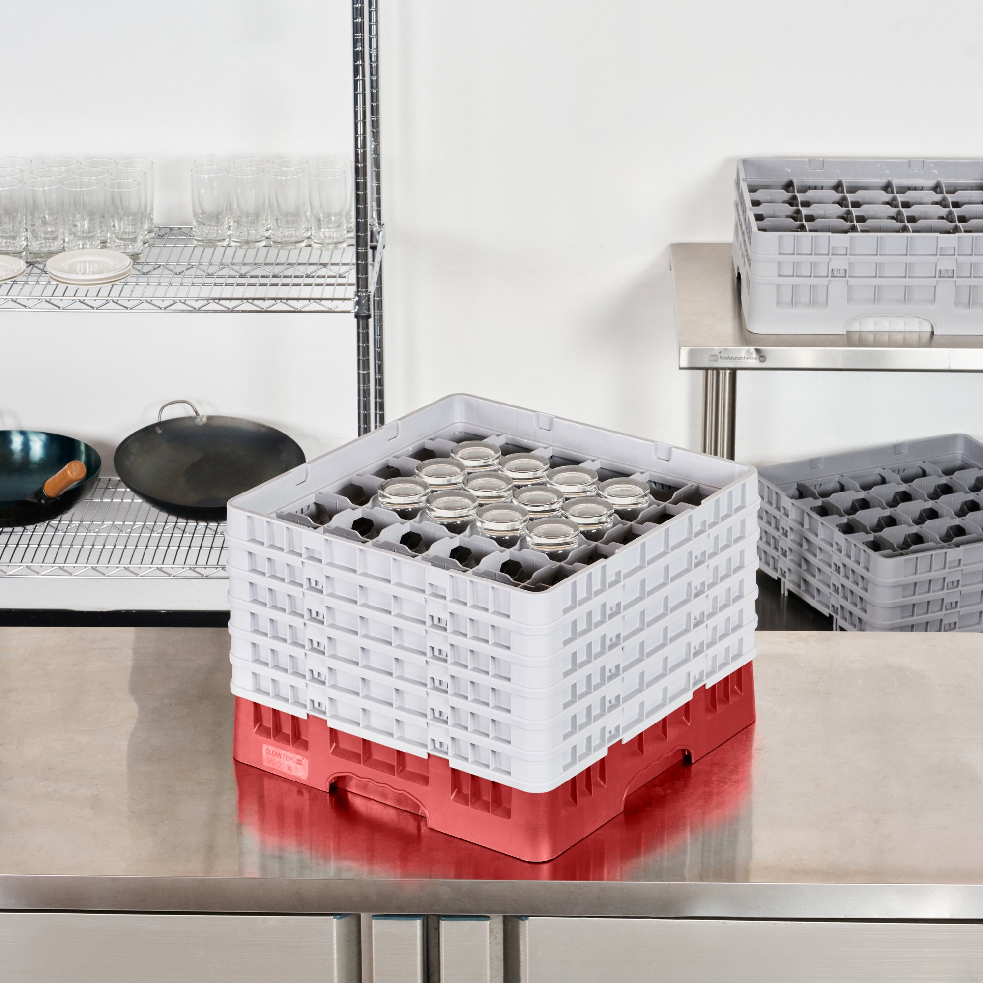 Clean Tek Professional Red Glass Rack - 36 Compartments, 1 Full Drop and 5 Half Drop Extenders - 19 3/4" x 19 3/4" x 13 3/4" - 1 count box