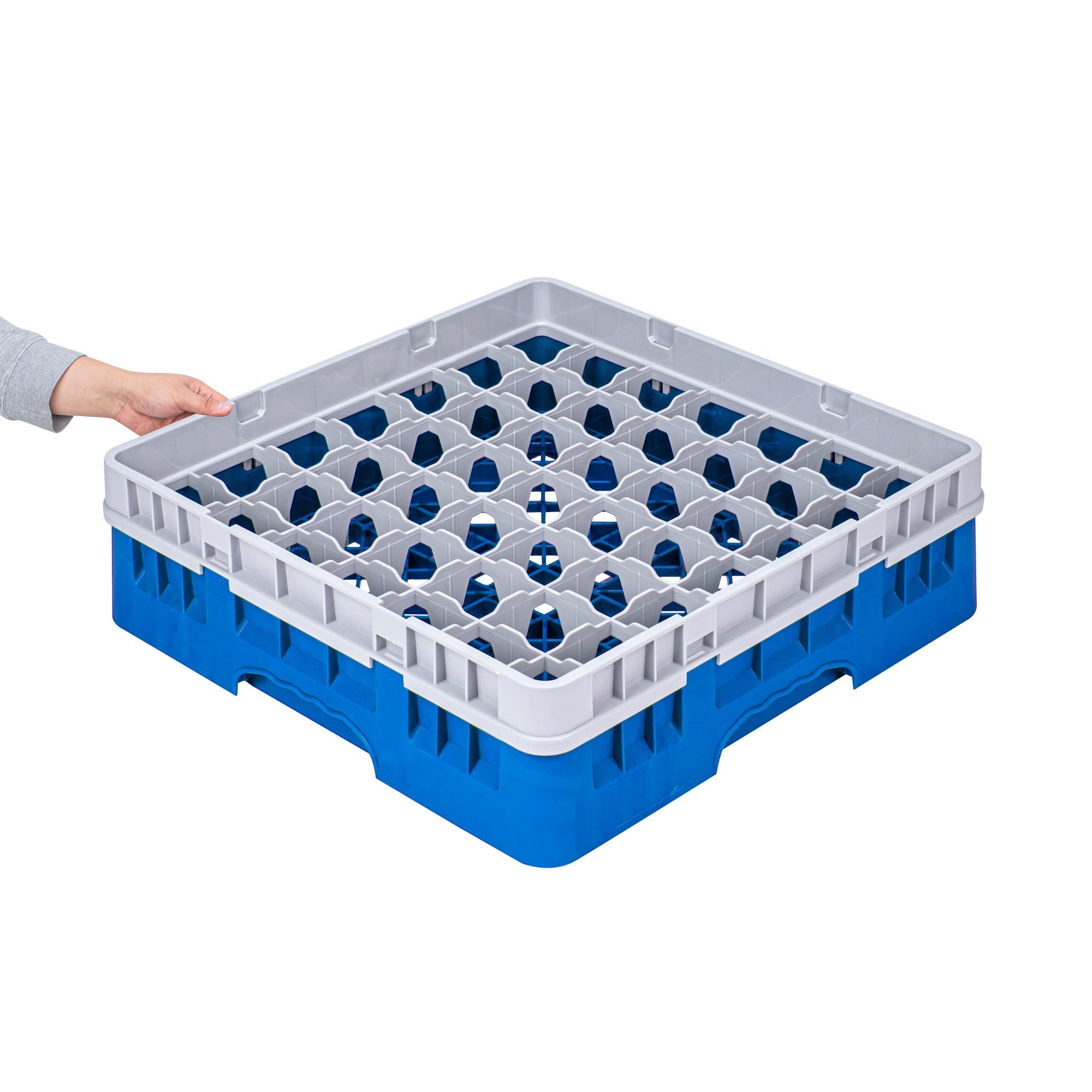 Clean Tek Professional Blue Glass Rack - 49 Compartments, 1 Full Drop Extender - 19 3/4" x 19 3/4" x 5 3/4" - 1 count box