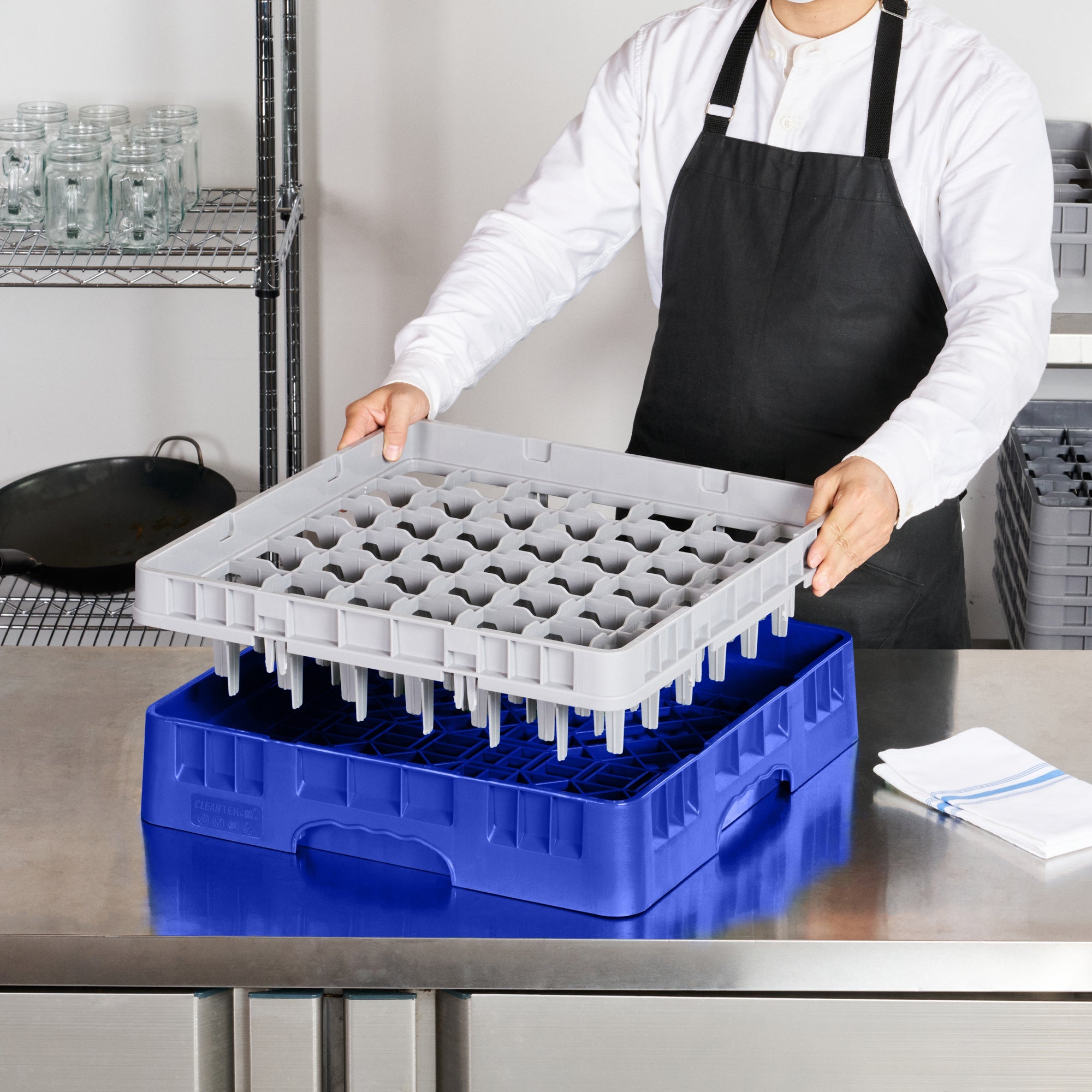 Clean Tek Professional Blue Glass Rack - 49 Compartments, 1 Full Drop Extender - 19 3/4" x 19 3/4" x 5 3/4" - 1 count box