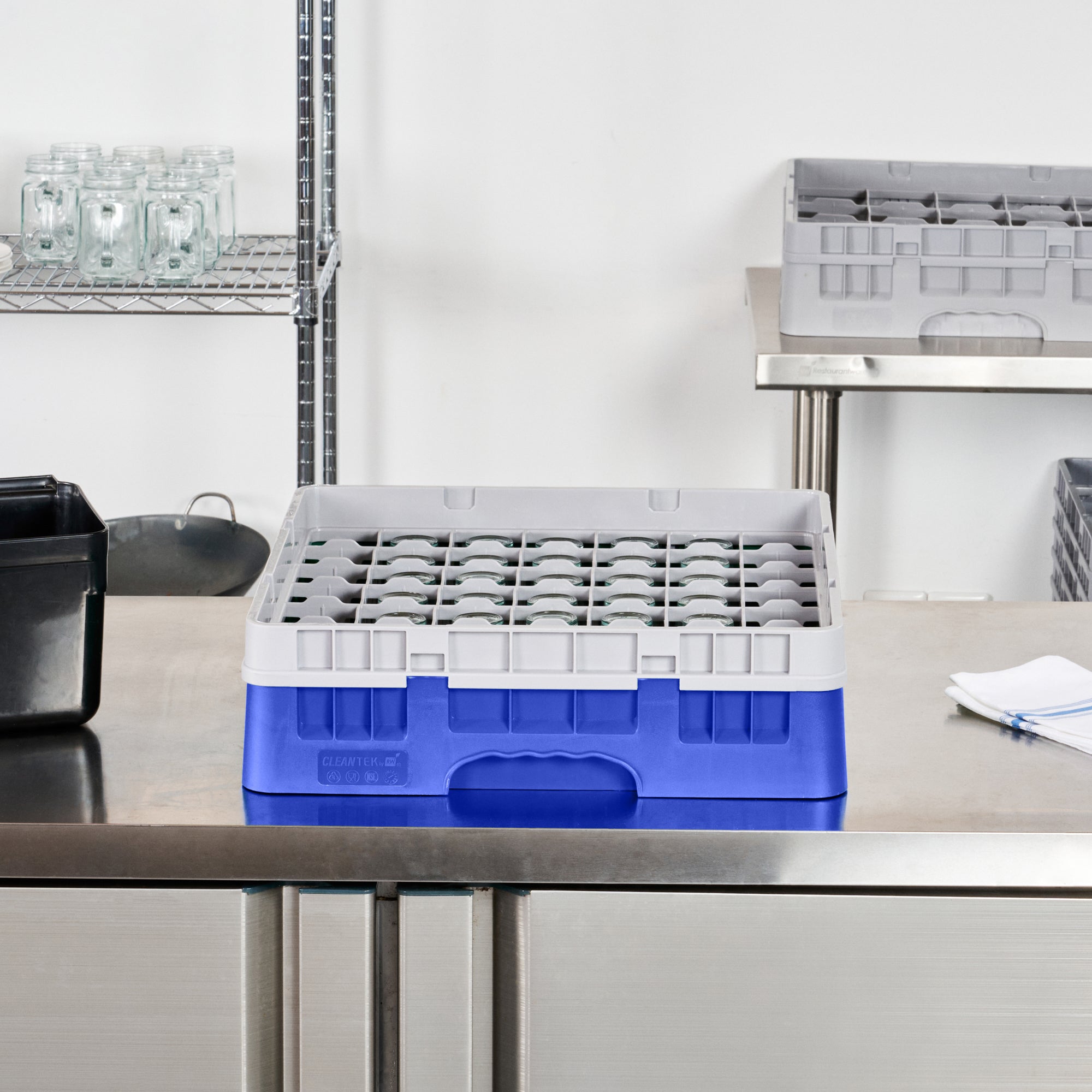 Clean Tek Professional Blue Glass Rack - 49 Compartments, 1 Full Drop Extender - 19 3/4" x 19 3/4" x 5 3/4" - 1 count box