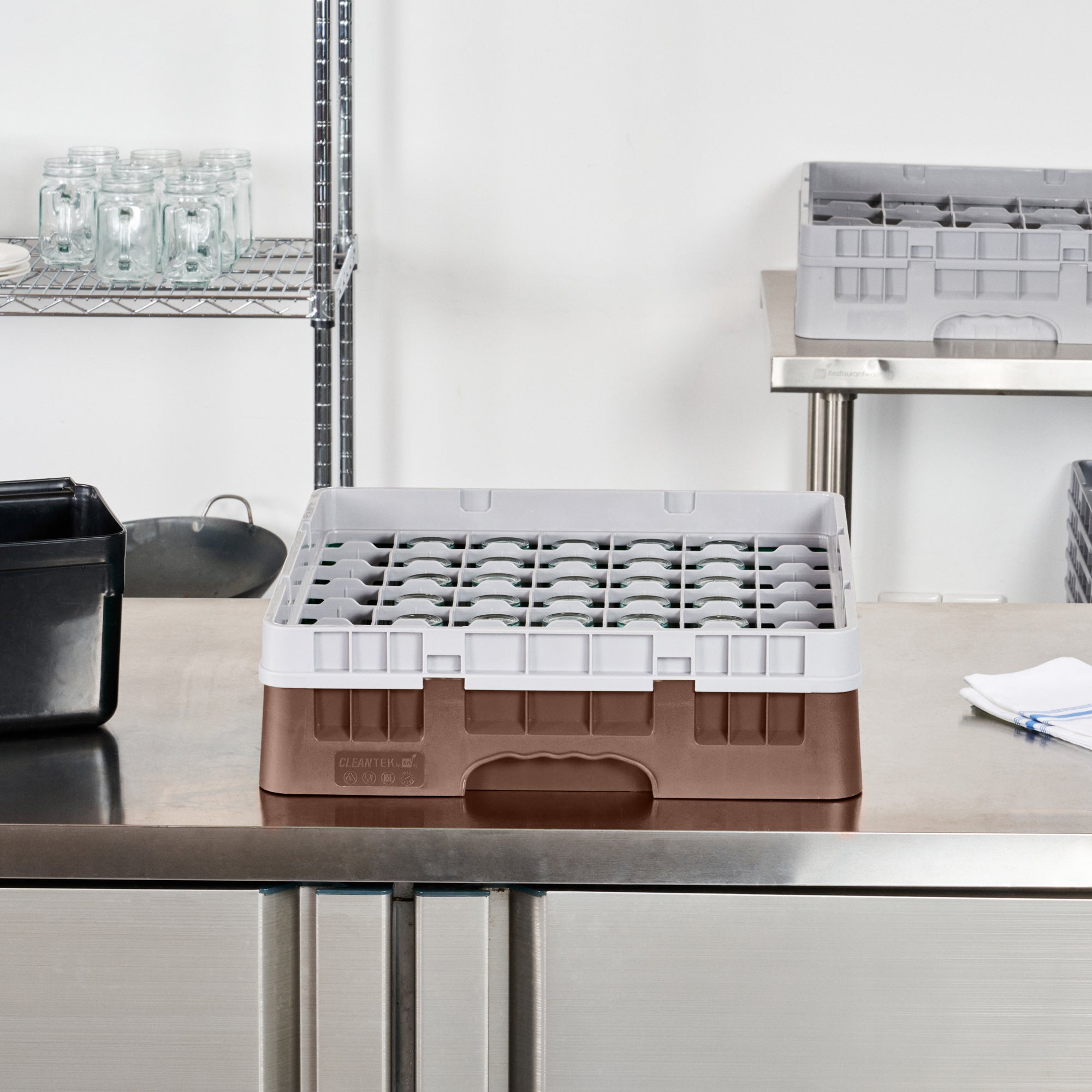 Clean Tek Professional Brown Glass Rack - 49 Compartments, 1 Full Drop Extender - 19 3/4" x 19 3/4" x 5 3/4" - 1 count box