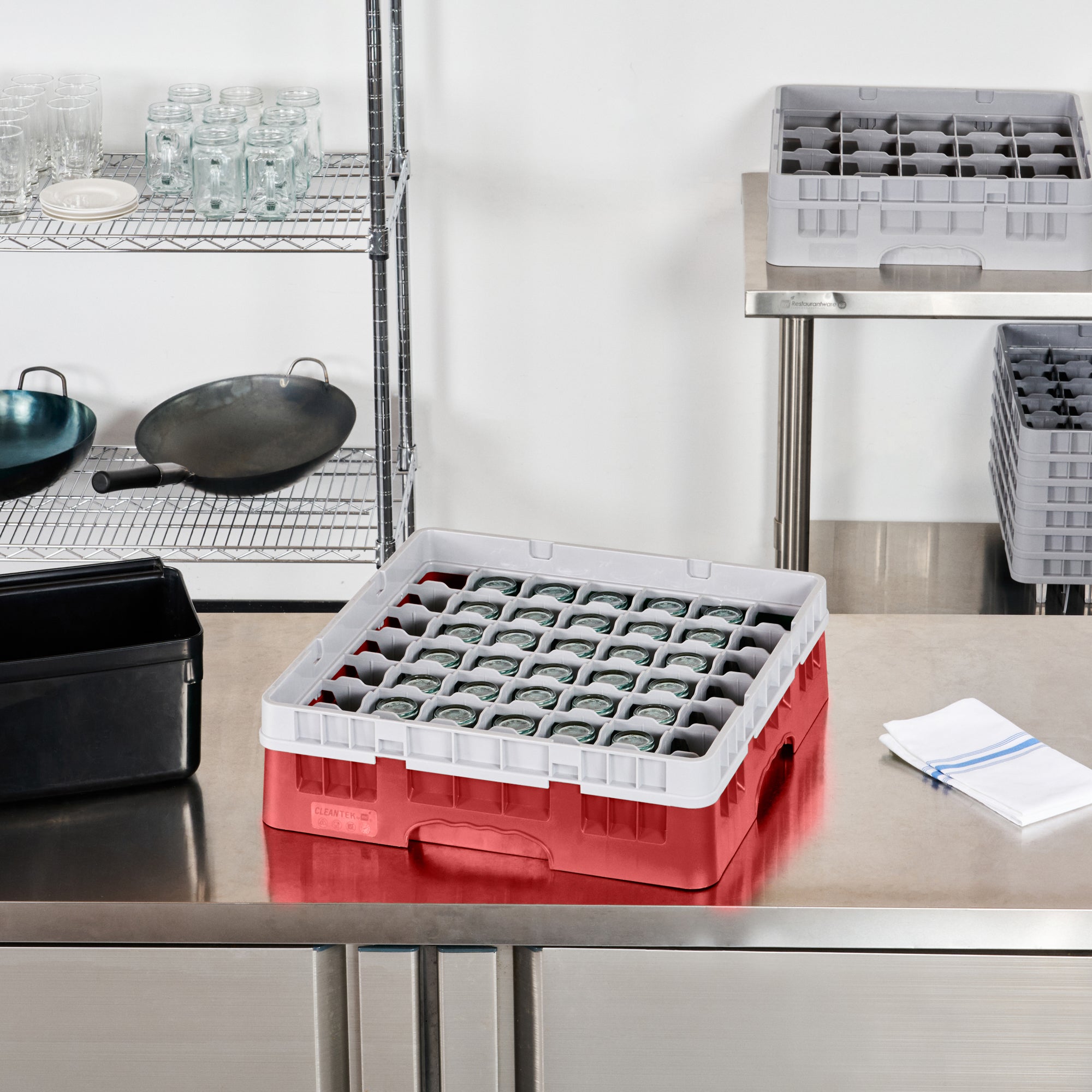 Clean Tek Professional Red Glass Rack - 49 Compartments, 1 Full Drop Extender - 19 3/4" x 19 3/4" x 5 3/4" - 1 count box