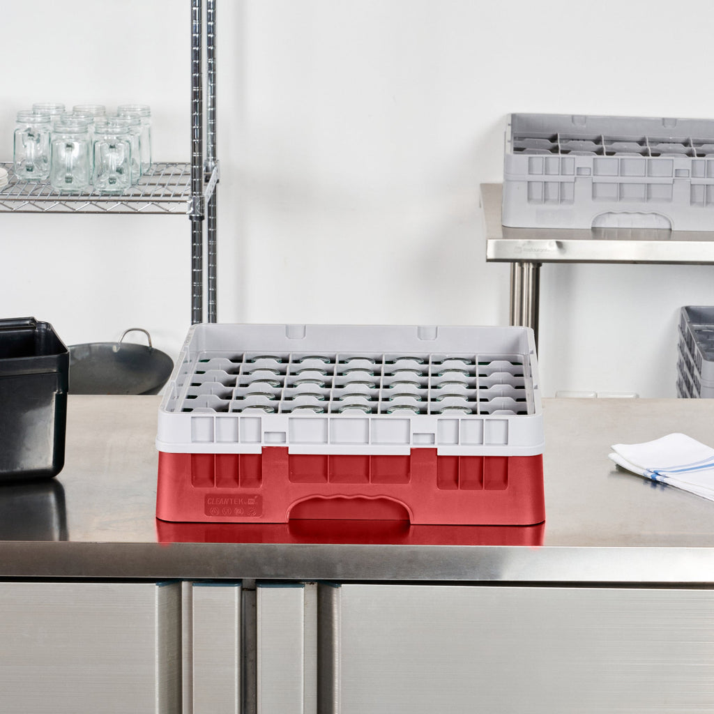 Clean Tek Professional Red Glass Rack - 49 Compartments, 1 Full Drop Extender - 19 3/4" x 19 3/4" x 5 3/4" - 1 count box