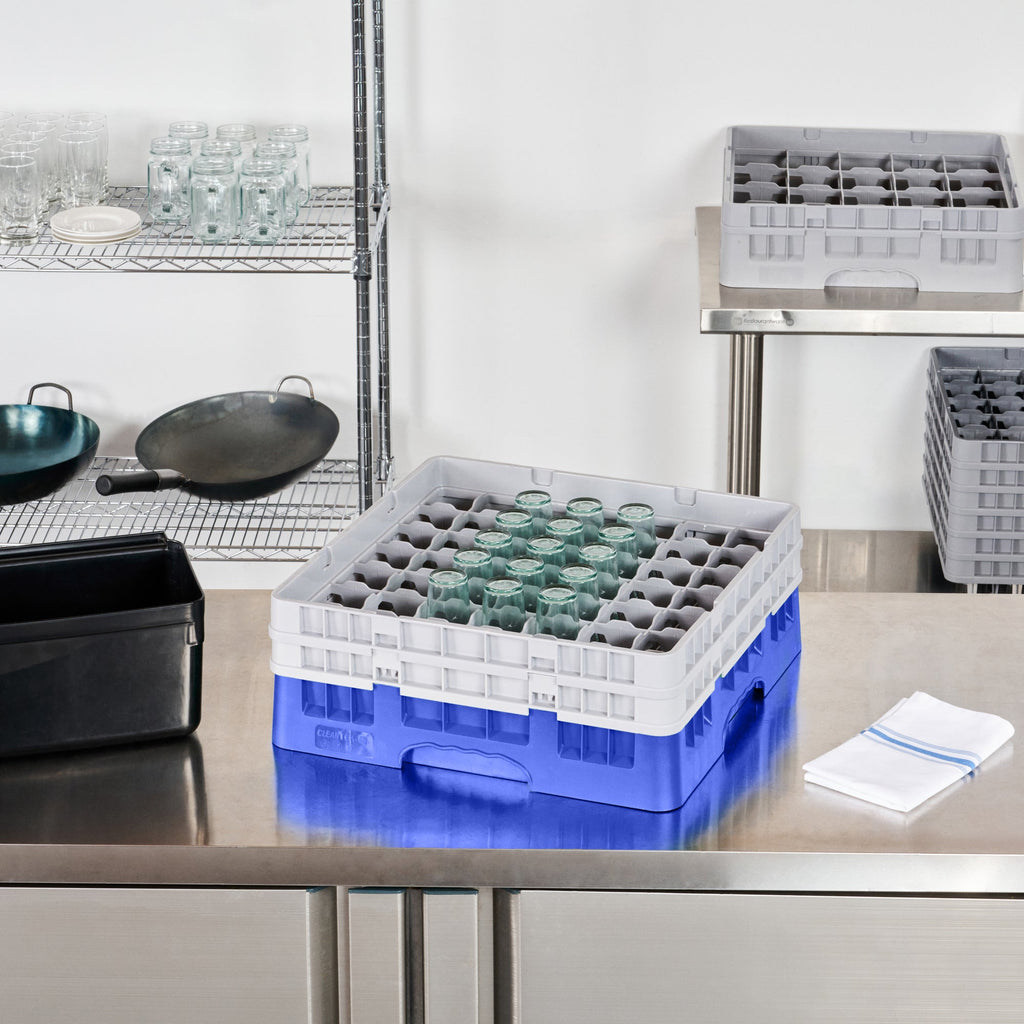 Clean Tek Professional Blue Glass Rack - 49 Compartments, 1 Full Drop and 1 Half Drop Extender - 19 3/4" x 19 3/4" x 7 1/4" - 1 count box