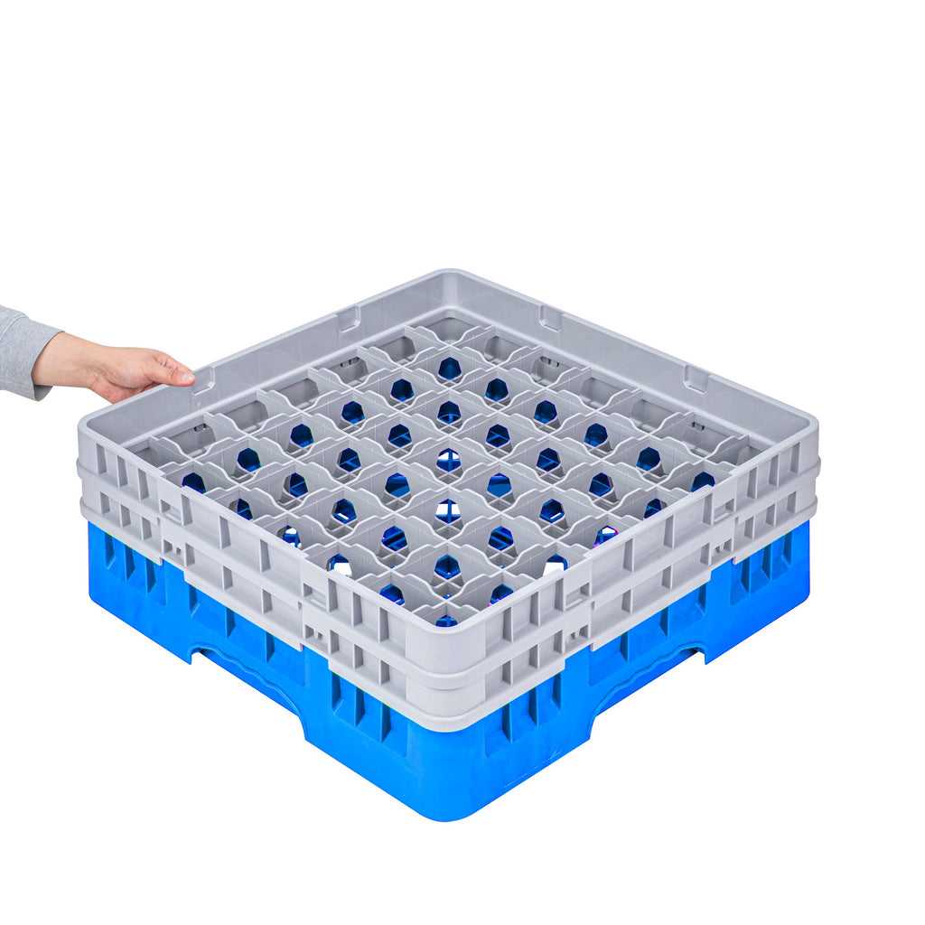 Clean Tek Professional Blue Glass Rack - 49 Compartments, 1 Full Drop and 1 Half Drop Extender - 19 3/4" x 19 3/4" x 7 1/4" - 1 count box