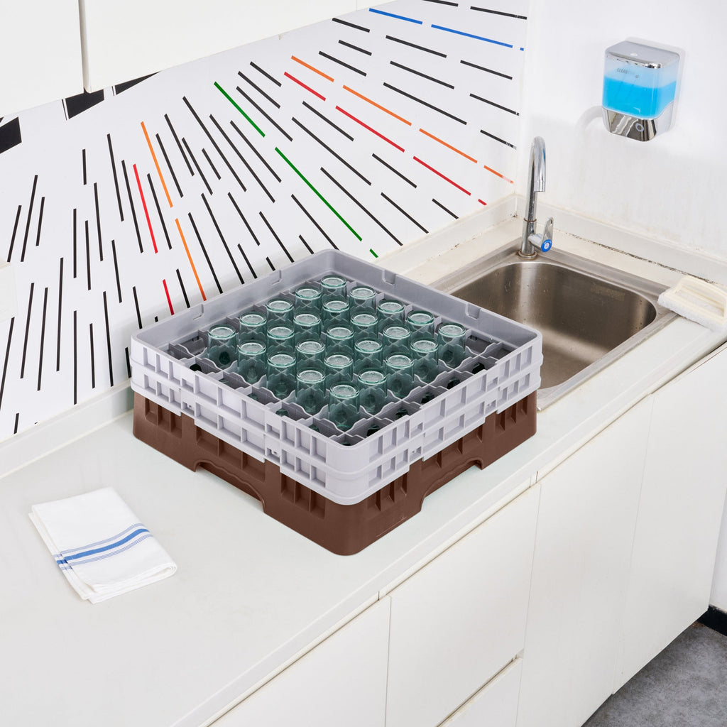 Clean Tek Professional Brown Glass Rack - 49 Compartments, 1 Full Drop and 1 Half Drop Extender - 19 3/4" x 19 3/4" x 7 1/4" - 1 count box