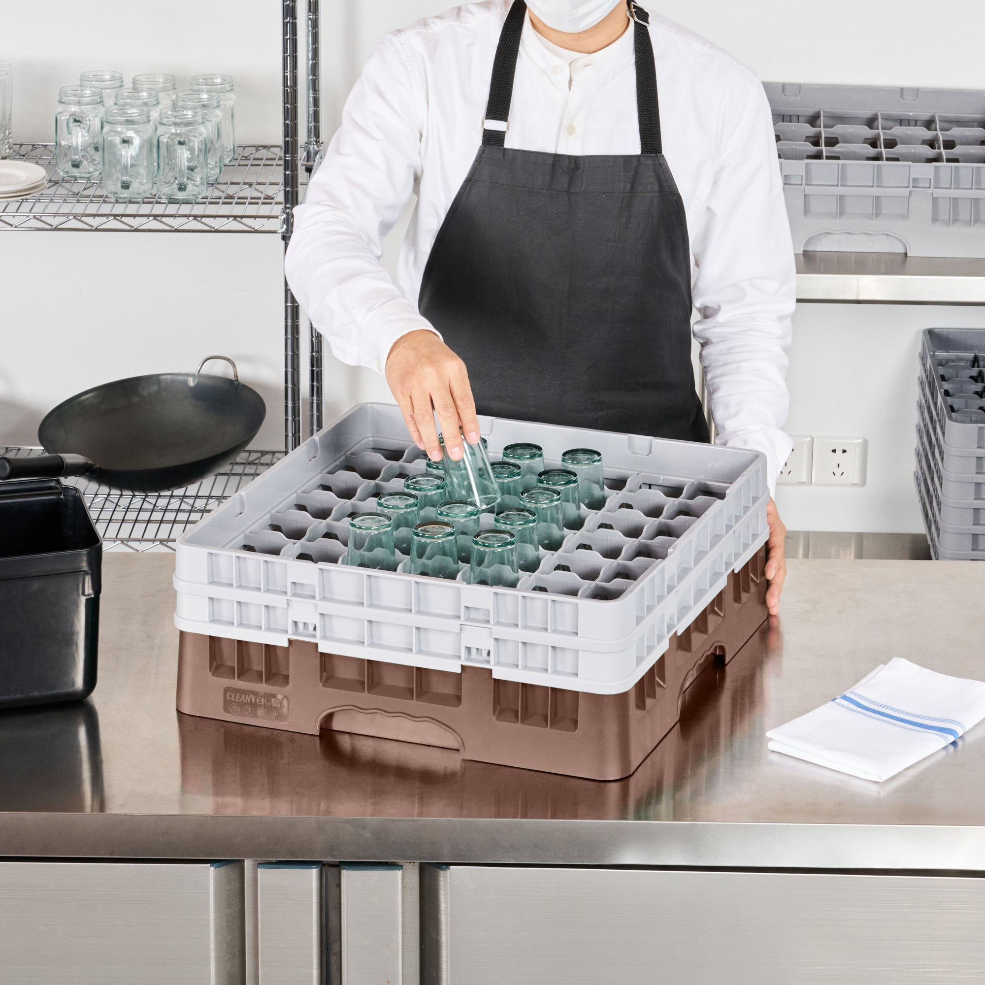 Clean Tek Professional Brown Glass Rack - 49 Compartments, 1 Full Drop and 1 Half Drop Extender - 19 3/4" x 19 3/4" x 7 1/4" - 1 count box