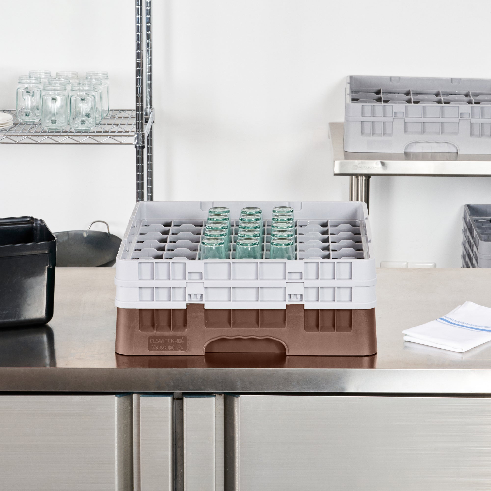 Clean Tek Professional Brown Glass Rack - 49 Compartments, 1 Full Drop and 1 Half Drop Extender - 19 3/4" x 19 3/4" x 7 1/4" - 1 count box