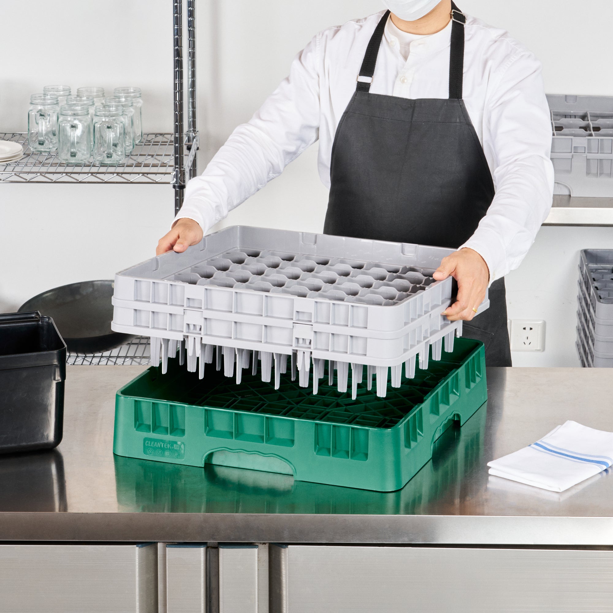 Clean Tek Professional Green Glass Rack - 49 Compartments, 1 Full Drop and 1 Half Drop Extender - 19 3/4" x 19 3/4" x 7 1/4" - 1 count box