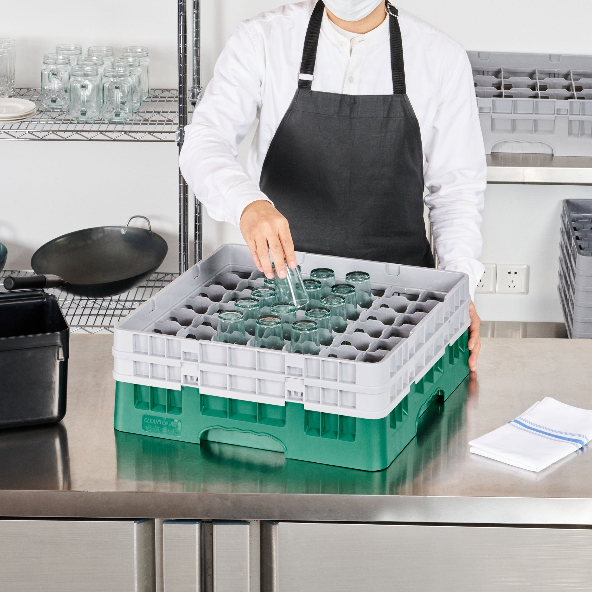Clean Tek Professional Green Glass Rack - 49 Compartments, 1 Full Drop and 1 Half Drop Extender - 19 3/4" x 19 3/4" x 7 1/4" - 1 count box