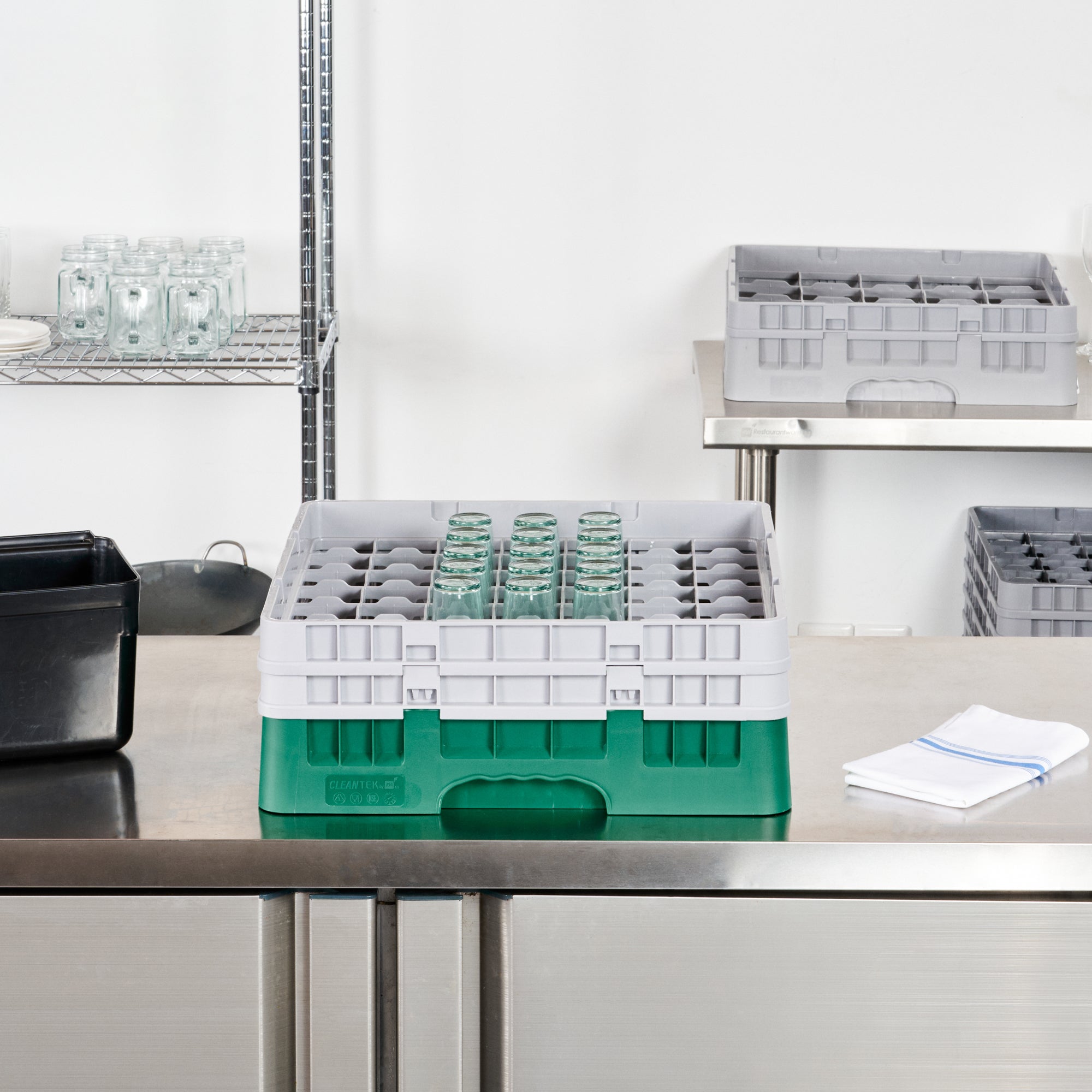 Clean Tek Professional Green Glass Rack - 49 Compartments, 1 Full Drop and 1 Half Drop Extender - 19 3/4" x 19 3/4" x 7 1/4" - 1 count box