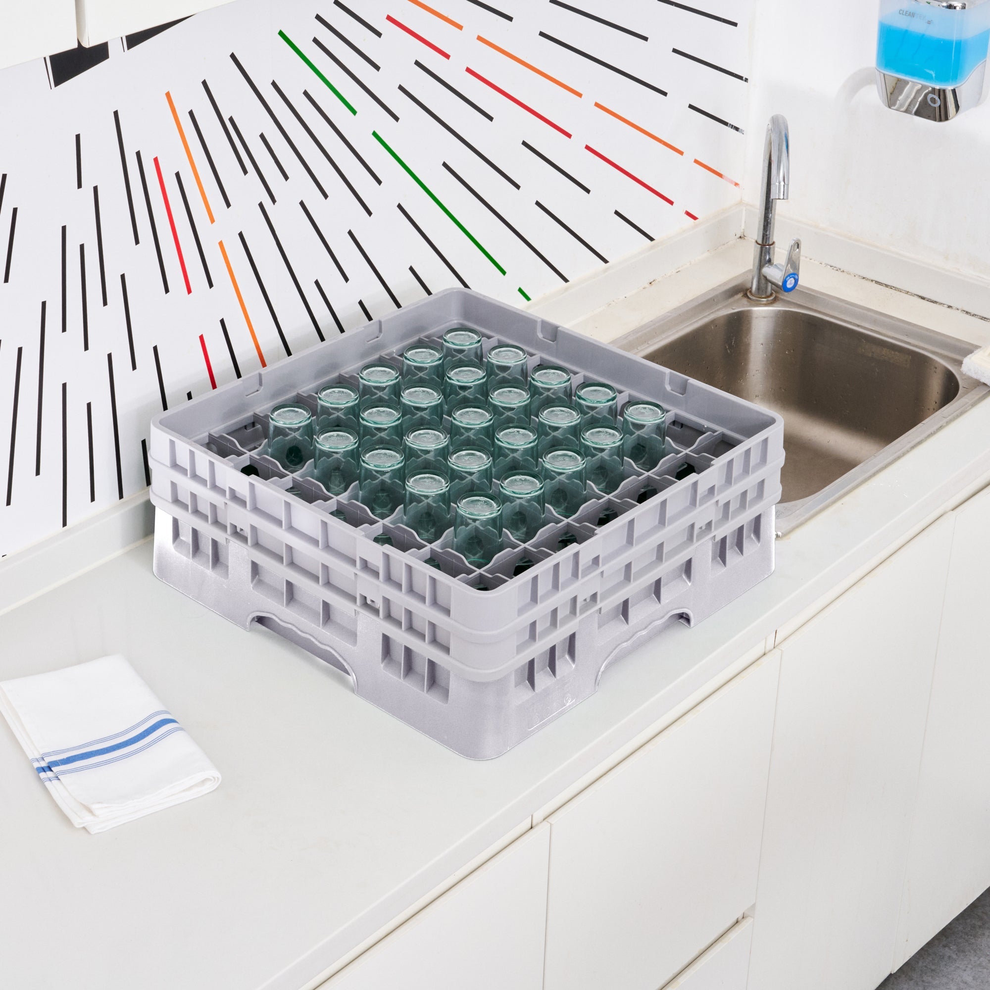 Clean Tek Professional Gray Glass Rack - 49 Compartments, 1 Full Drop and 1 Half Drop Extender - 19 3/4" x 19 3/4" x 7 1/4" - 1 count box