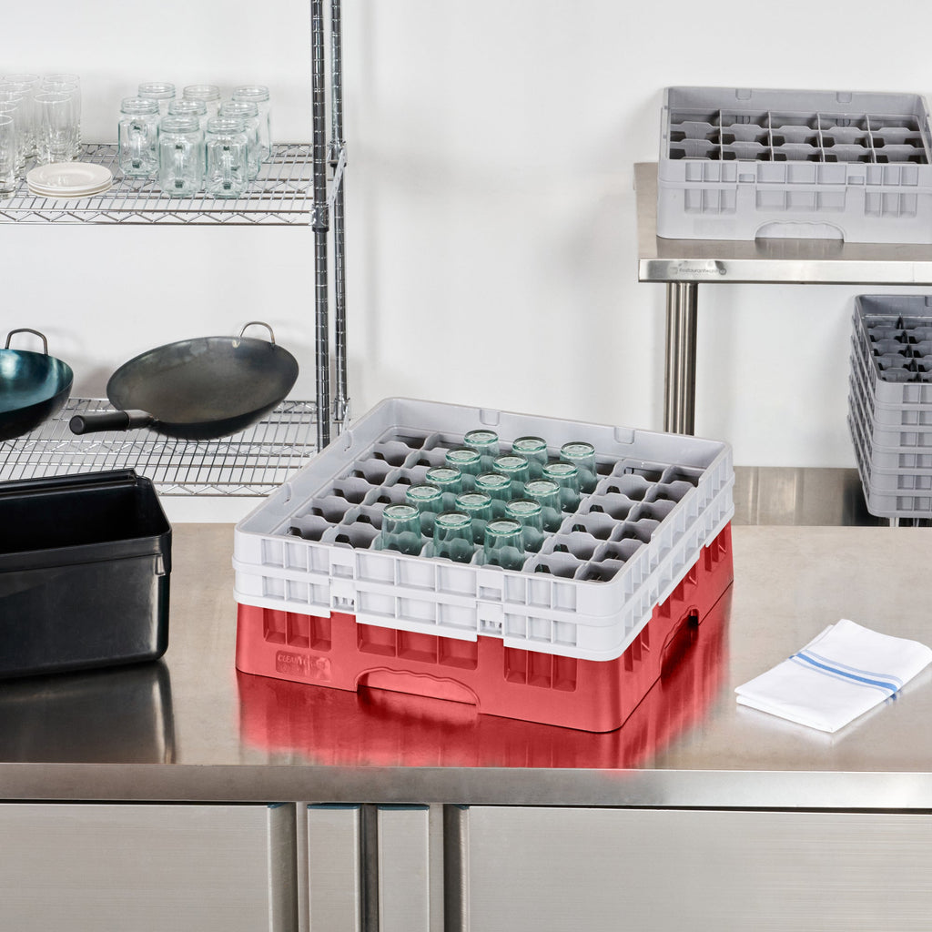 Clean Tek Professional Red Glass Rack - 49 Compartments, 1 Full Drop and 1 Half Drop Extender - 19 3/4" x 19 3/4" x 7 1/4" - 1 count box