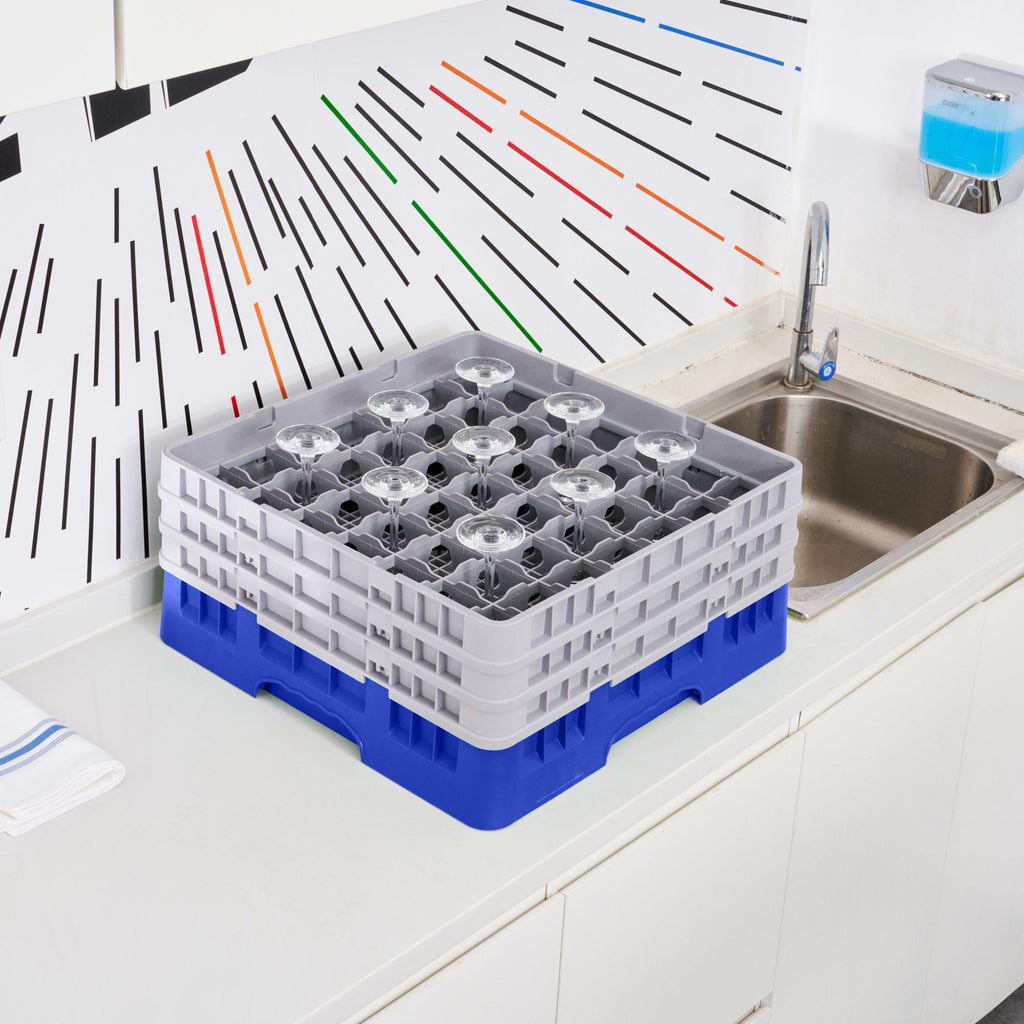 Clean Tek Professional Blue Glass Rack - 49 Compartments, 1 Full Drop and 2 Half Drop Extenders - 19 3/4" x 19 3/4" x 8 3/4" - 1 count box