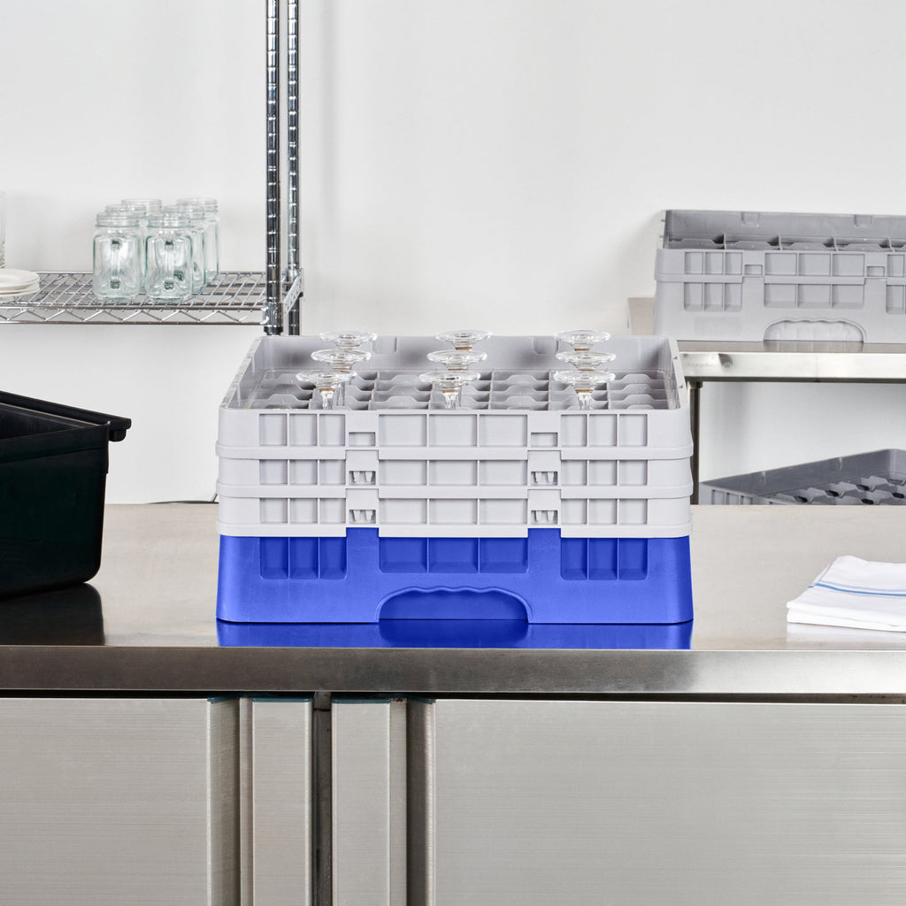 Clean Tek Professional Blue Glass Rack - 49 Compartments, 1 Full Drop and 2 Half Drop Extenders - 19 3/4" x 19 3/4" x 8 3/4" - 1 count box