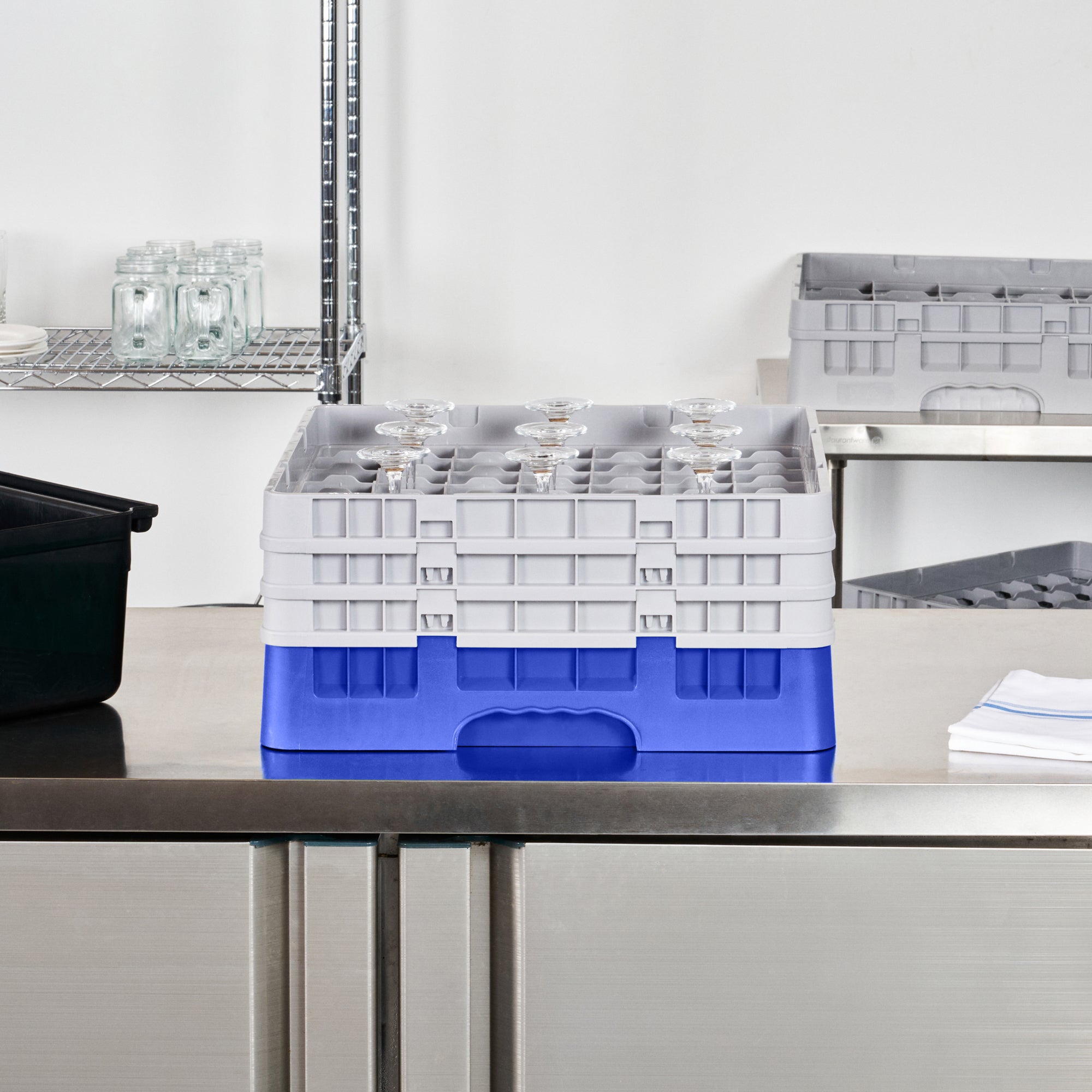 Clean Tek Professional Blue Glass Rack - 49 Compartments, 1 Full Drop and 2 Half Drop Extenders - 19 3/4" x 19 3/4" x 8 3/4" - 1 count box