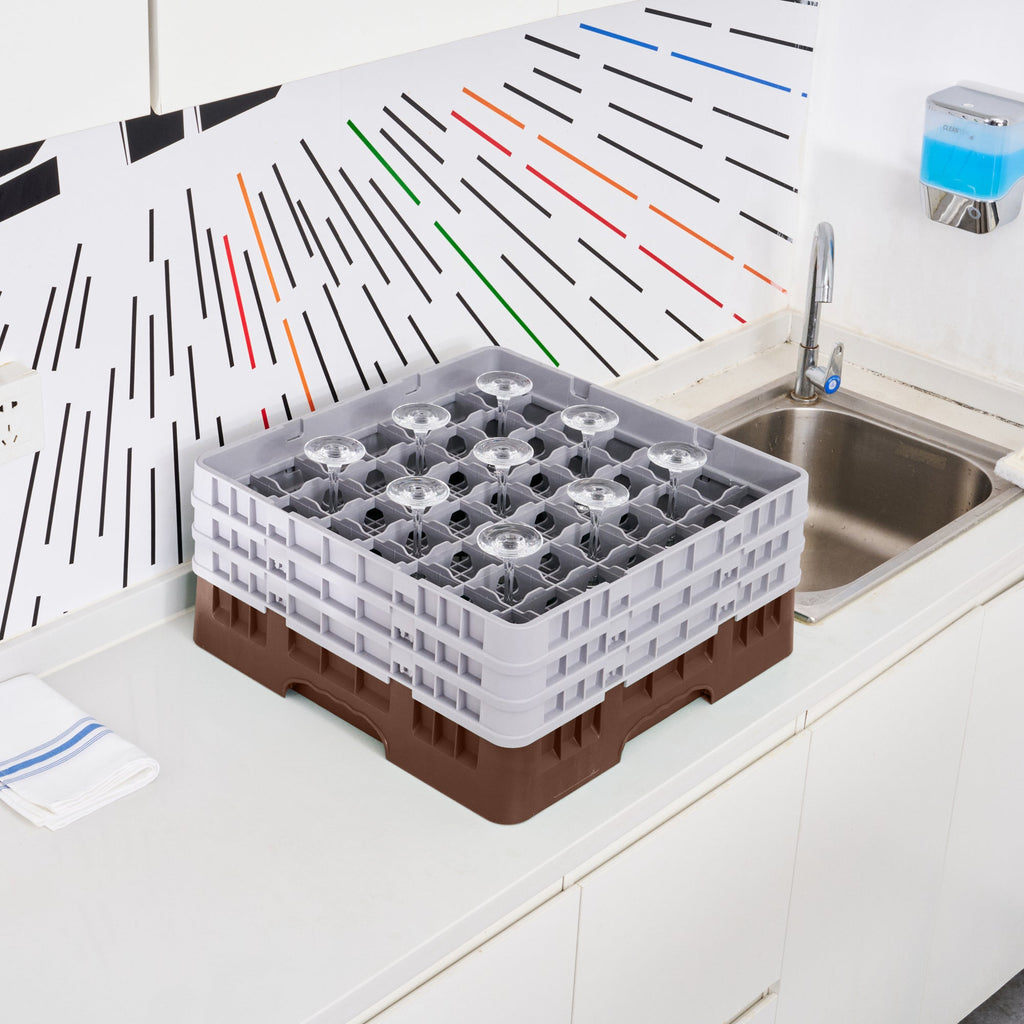 Clean Tek Professional Brown Glass Rack - 49 Compartments, 1 Full Drop and 2 Half Drop Extenders - 19 3/4" x 19 3/4" x 8 3/4" - 1 count box