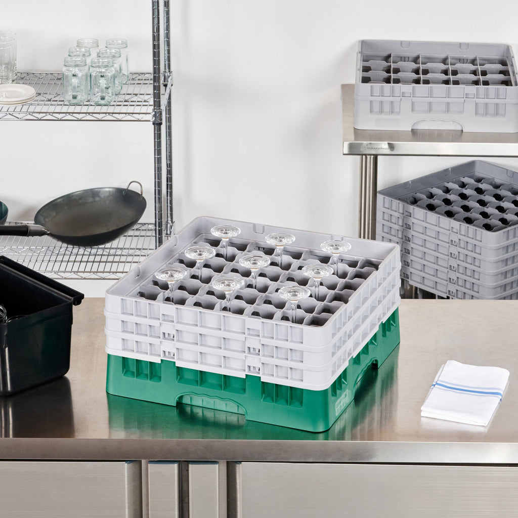 Clean Tek Professional Green Glass Rack - 49 Compartments, 1 Full Drop and 2 Half Drop Extenders - 19 3/4" x 19 3/4" x 8 3/4" - 1 count box