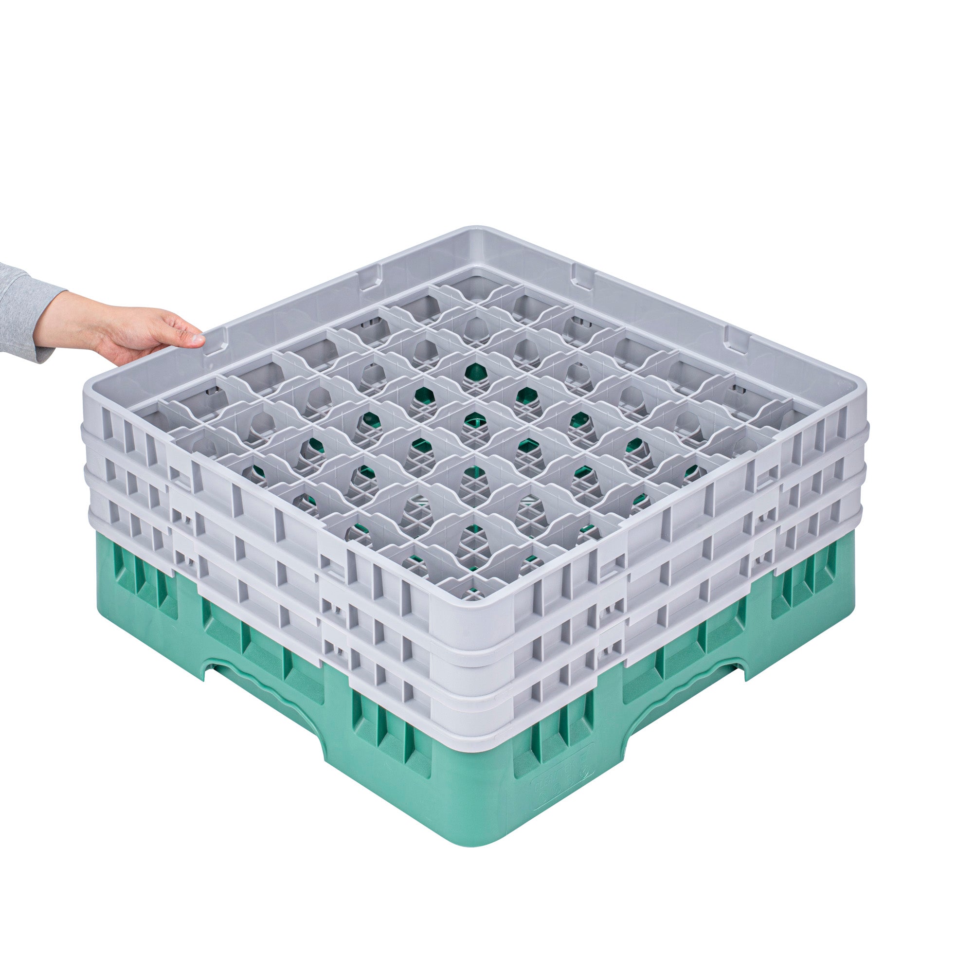 Clean Tek Professional Green Glass Rack - 49 Compartments, 1 Full Drop and 2 Half Drop Extenders - 19 3/4" x 19 3/4" x 8 3/4" - 1 count box