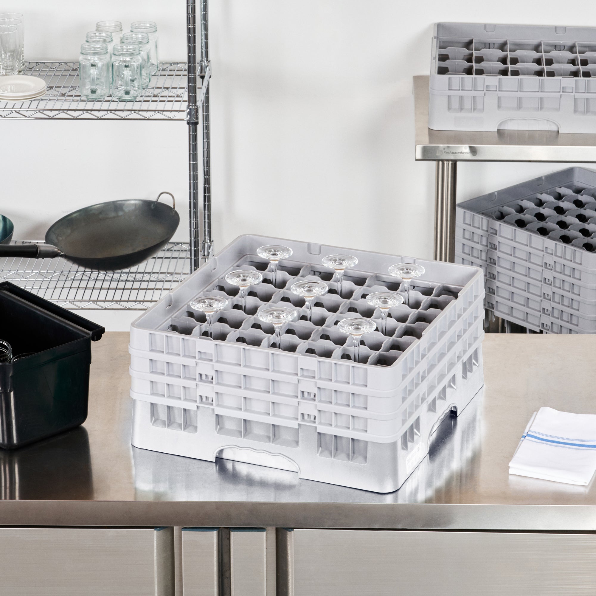 Clean Tek Professional Gray Glass Rack - 49 Compartments, 1 Full Drop and 2 Half Drop Extenders - 19 3/4" x 19 3/4" x 8 3/4" - 1 count box