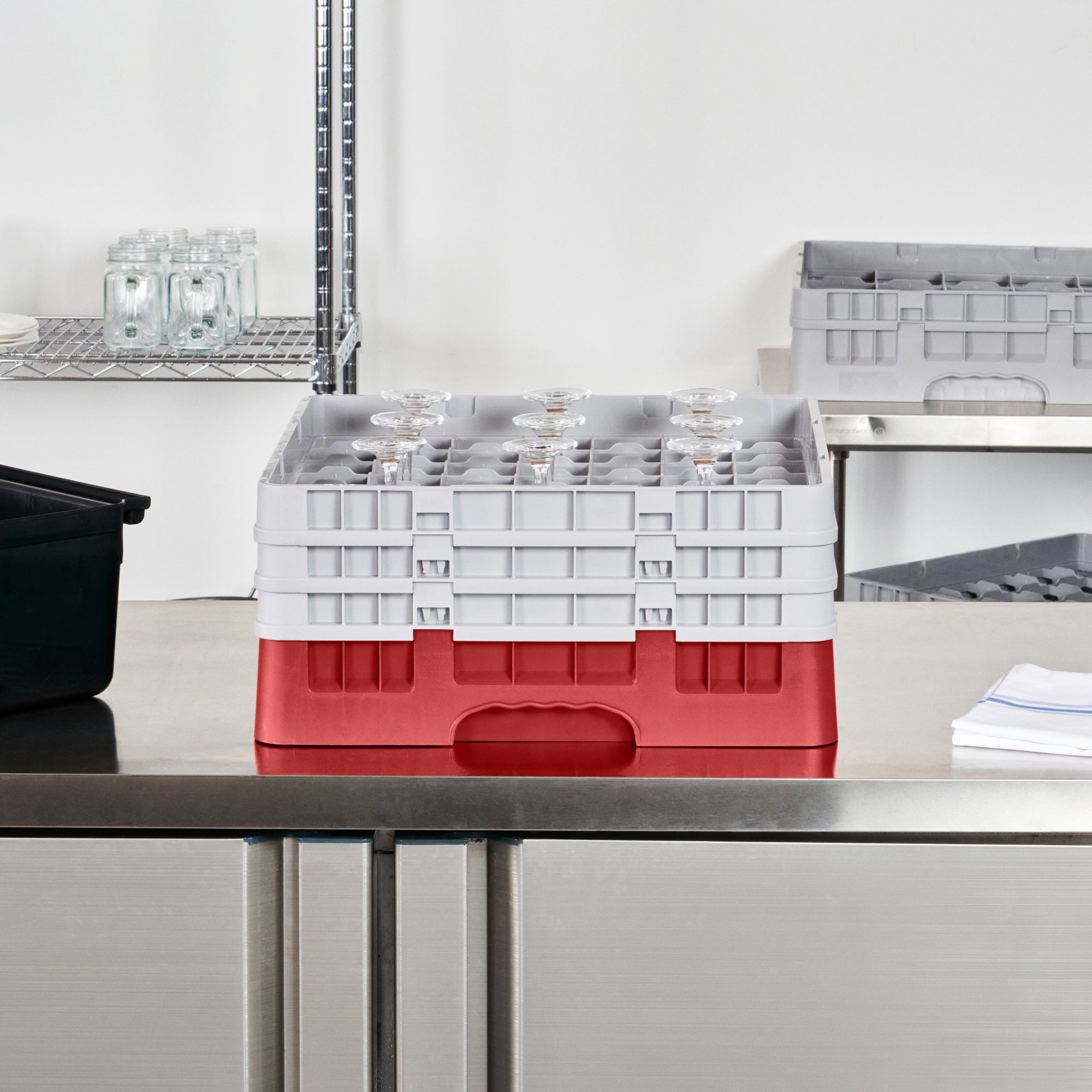 Clean Tek Professional Red Glass Rack - 49 Compartments, 1 Full Drop and 2 Half Drop Extenders - 19 3/4" x 19 3/4" x 8 3/4" - 1 count box