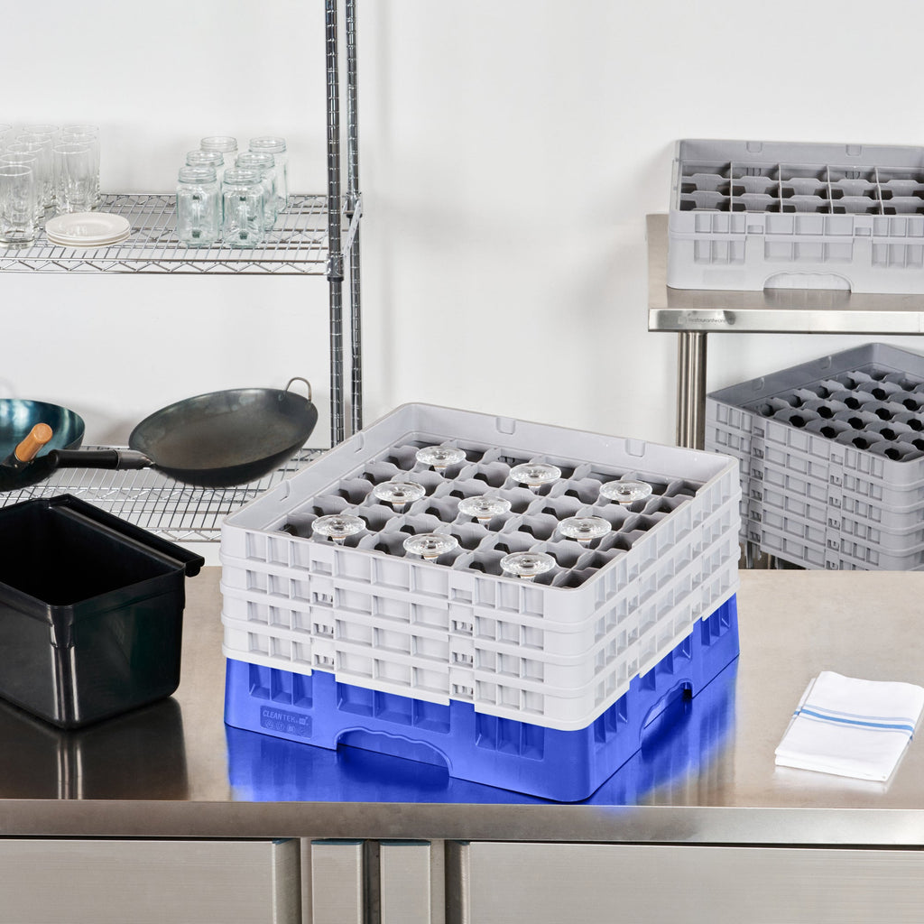 Clean Tek Professional Blue Glass Rack - 49 Compartments, 1 Full Drop and 3 Half Drop Extenders - 19 3/4" x 19 3/4" x 10 1/2" - 1 count box